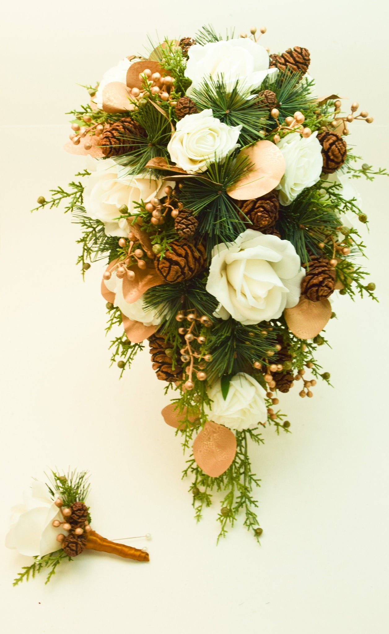 Cascade Winter Wedding Bridal Bouquet Evergreens Gold White Bouquet Eucalyptus Pine Cones Real Touch Roses - add Groom's Boutonniere & More!