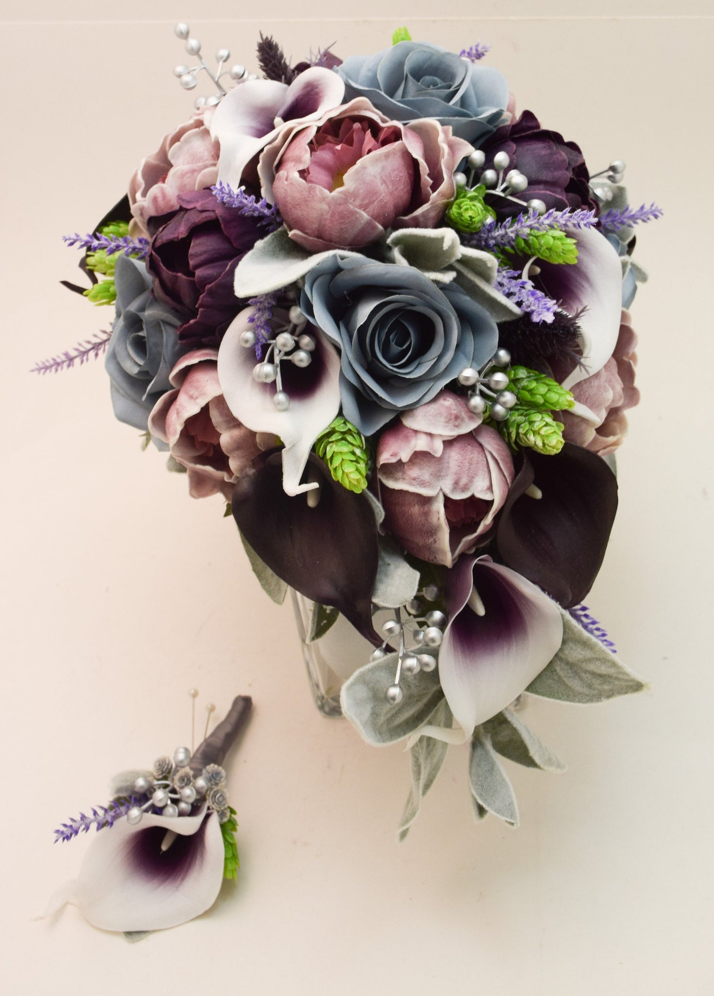 Cascade Bride Bouquet Plum Dusty Blue Silver Lavender - Rose Peonies Berries Hops - Add Groom Boutonniere Bridesmaid Bouquet Corsages & More