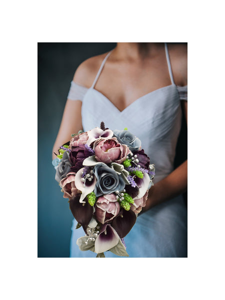Cascade Bride Bouquet Plum Dusty Blue Silver Lavender - Rose Peonies Berries Hops - Add Groom Boutonniere Bridesmaid Bouquet Corsages & More