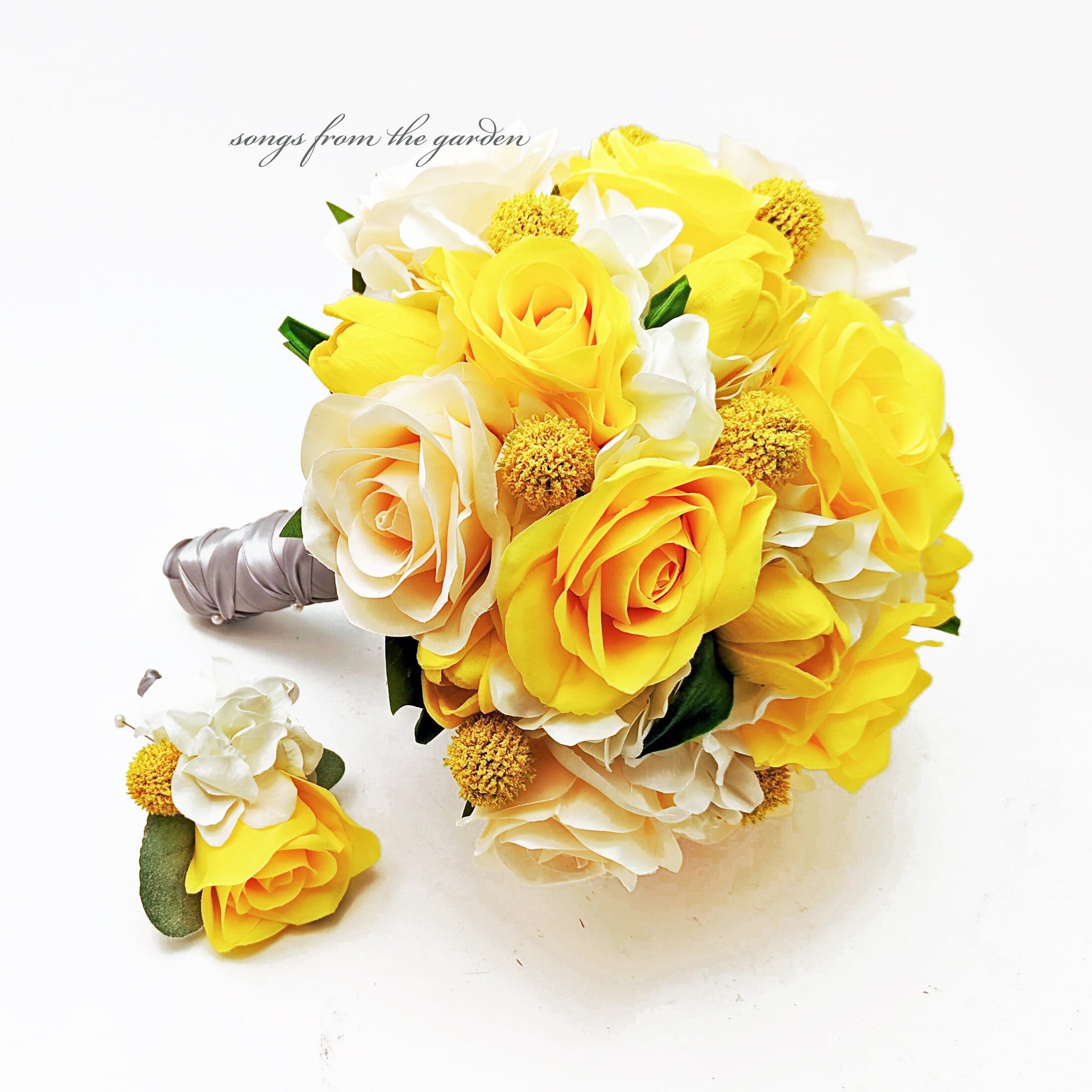 Yellow Ivory Bridal Bouquet Roses Craspedia Tulips - Add Bridesmaid Bouquets Wedding Corsages Boutonnieres Flower Crown Arch Flowers & More!
