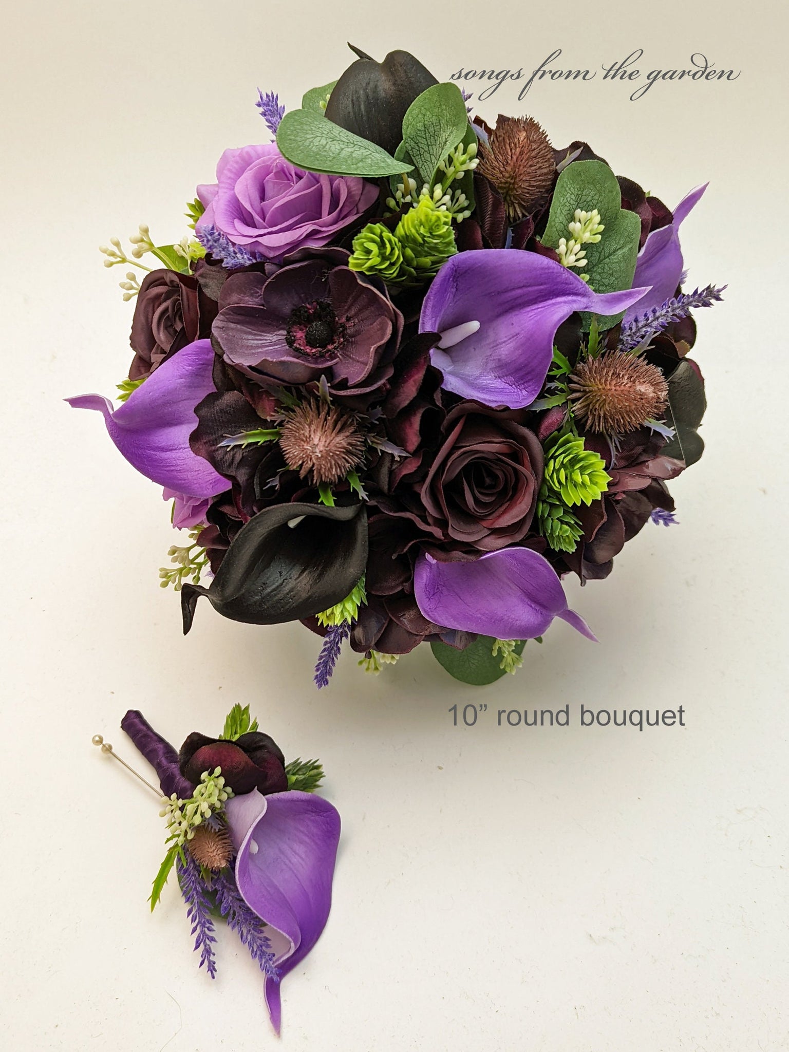 Cascade Bridal Bouquet Black Plum Purple Anemones Roses Callas Eucalyptus - Add Groom's Boutonniere or Matching Corsage Centerpieces & More!