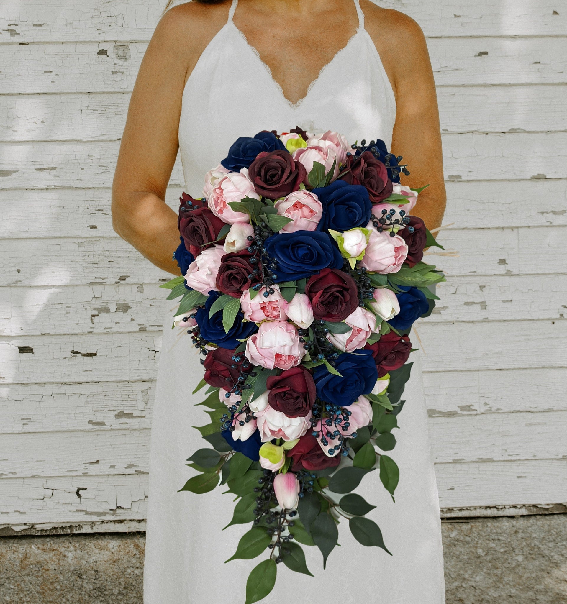 Cascade Bridal Bouquet Burgundy Pink Navy - Tulips Roses Peonies Berries Greenery - Add Groom Boutonniere Bridesmaid Bouquet & More!
