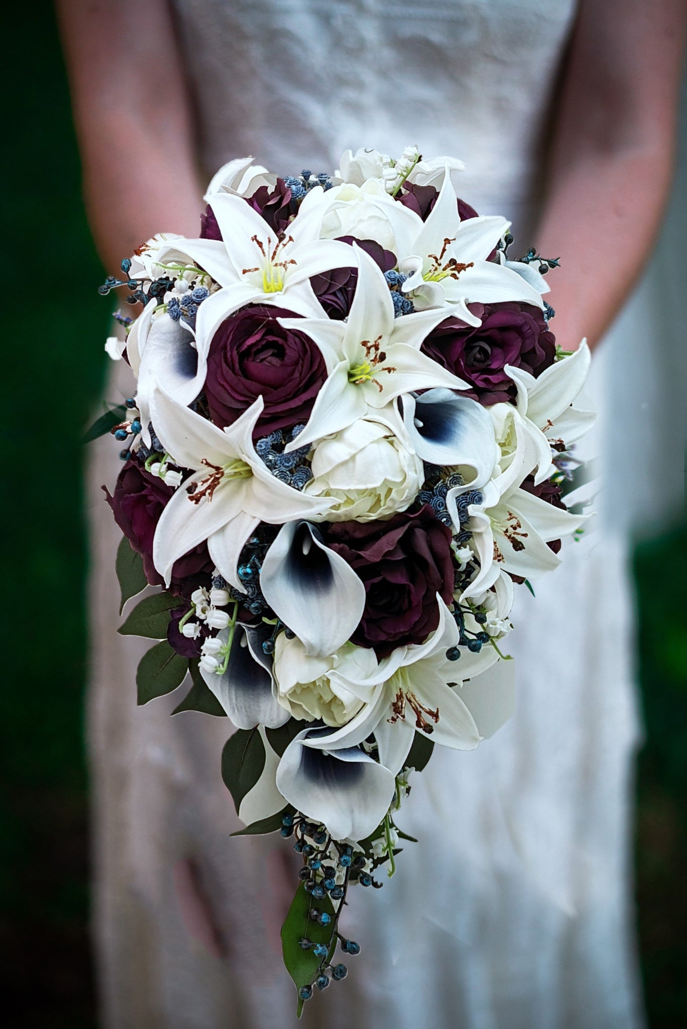 White Tiger Lilies Plum Roses Navy Callas - Cascade Bridal or Bridesmaid Bouquet Groom Groomsmen Boutonniere Add Flower Crown Centerpiece & More!