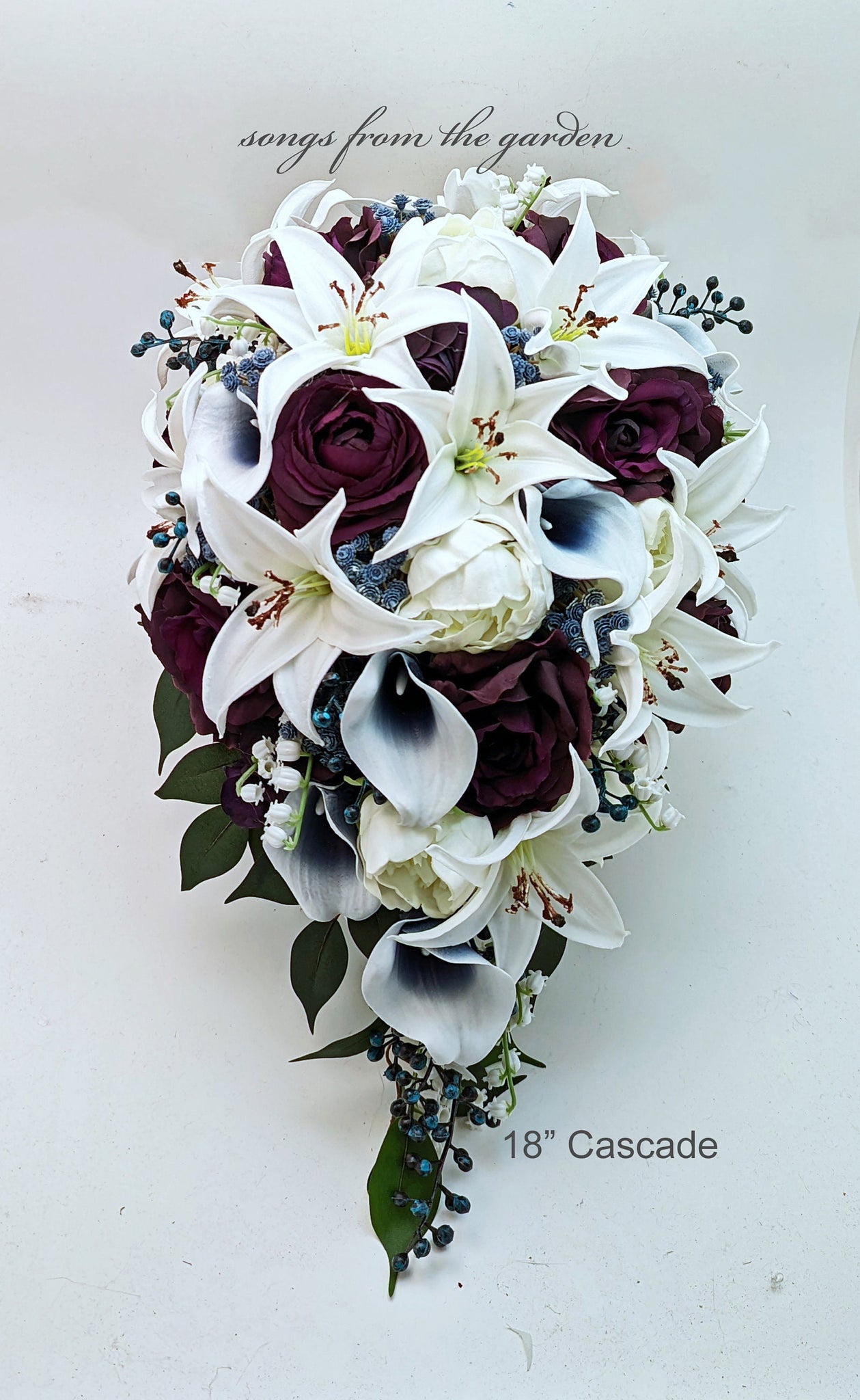 White Tiger Lilies Plum Roses Navy Callas - Cascade Bridal or Bridesmaid Bouquet Groom Groomsmen Boutonniere Add Flower Crown Centerpiece & More!