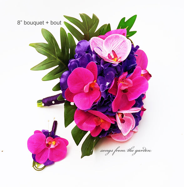 Tropical Wedding Bouquet Fuchsia Purple Real Touch Phalaenopsis Orchids Tropical Greenery Add Boutonniere Flower Crown Cake Flowers & More!