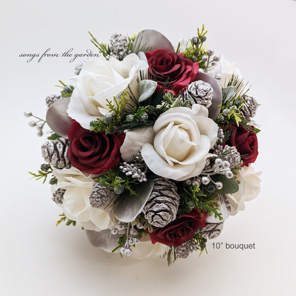 Bridal Bouquet Evergreens Burgundy Silver & White Bouquet Pine Cones Real Touch Roses - add a Groom's Boutonniere Bridesmaids Bouquet More!