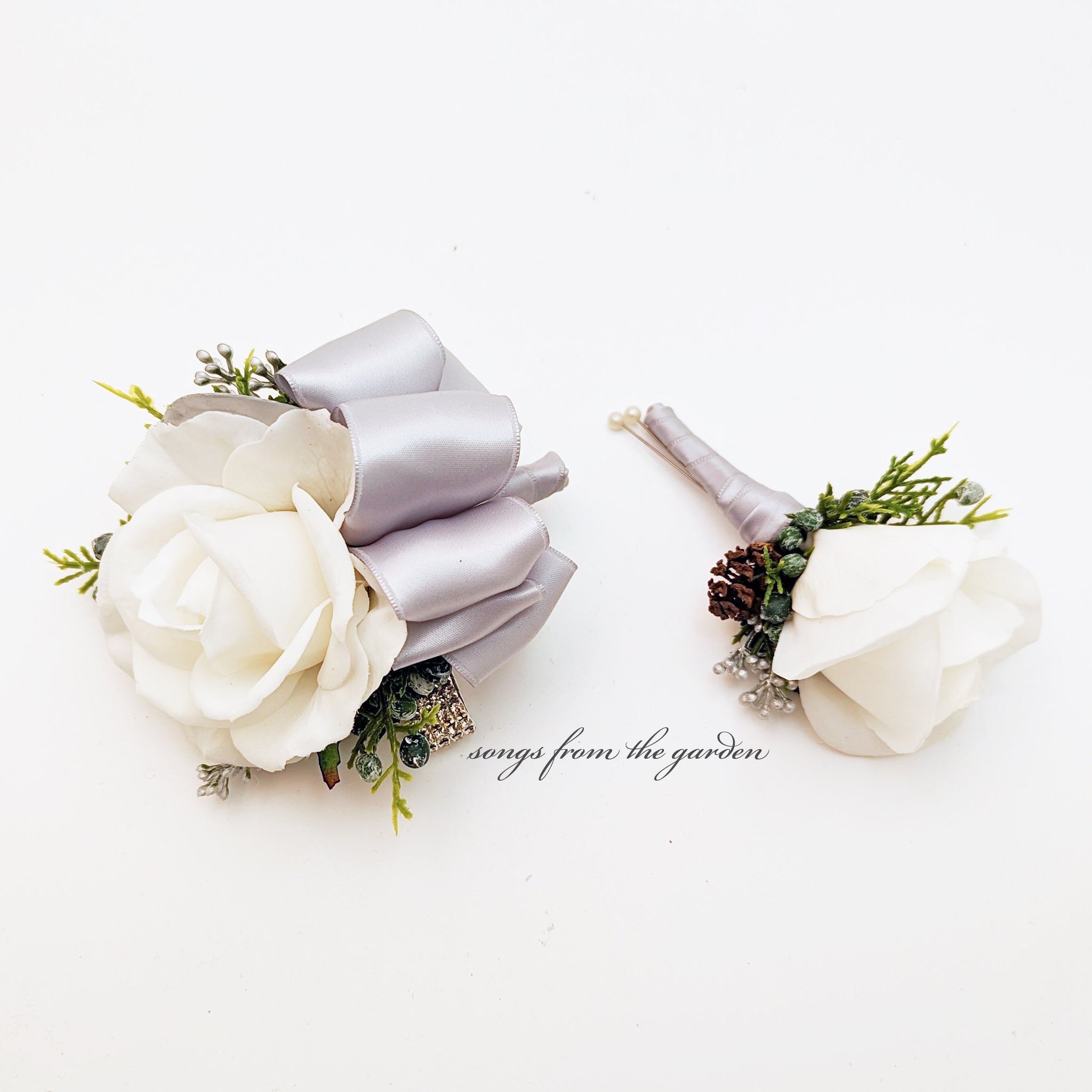 Bridal Bouquet Evergreens Burgundy Silver & White Bouquet Pine Cones Real Touch Roses - add a Groom's Boutonniere Bridesmaids Bouquet More!