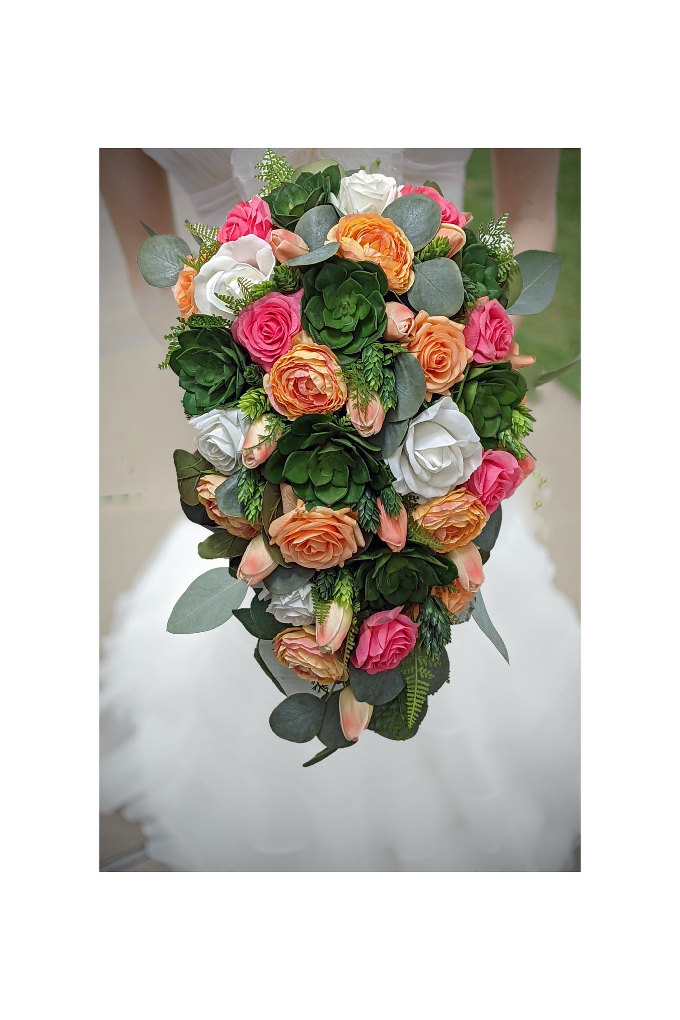 Cascade Bridal Bouquet Succulents Roses Ranunculus Hot Pink Apricot Peach White - Add Bridesmaids Bouquets Wedding Corsages Boutonnieres