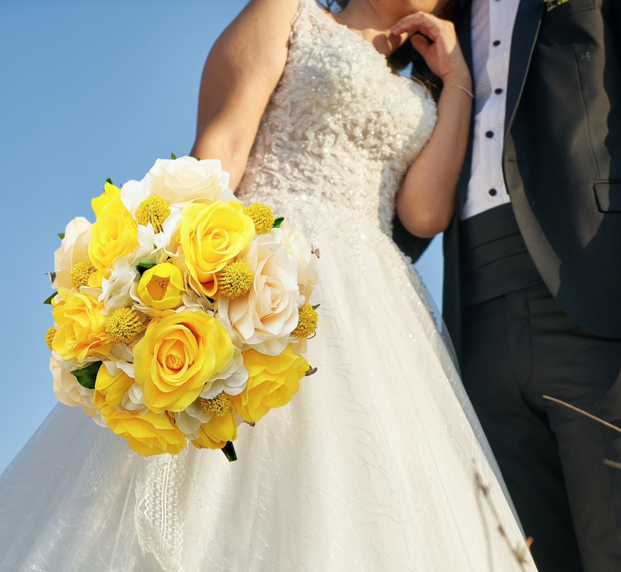 Yellow Ivory Bridal Bouquet Roses Craspedia Tulips - Add Bridesmaid Bouquets Wedding Corsages Boutonnieres Flower Crown Arch Flowers & More!