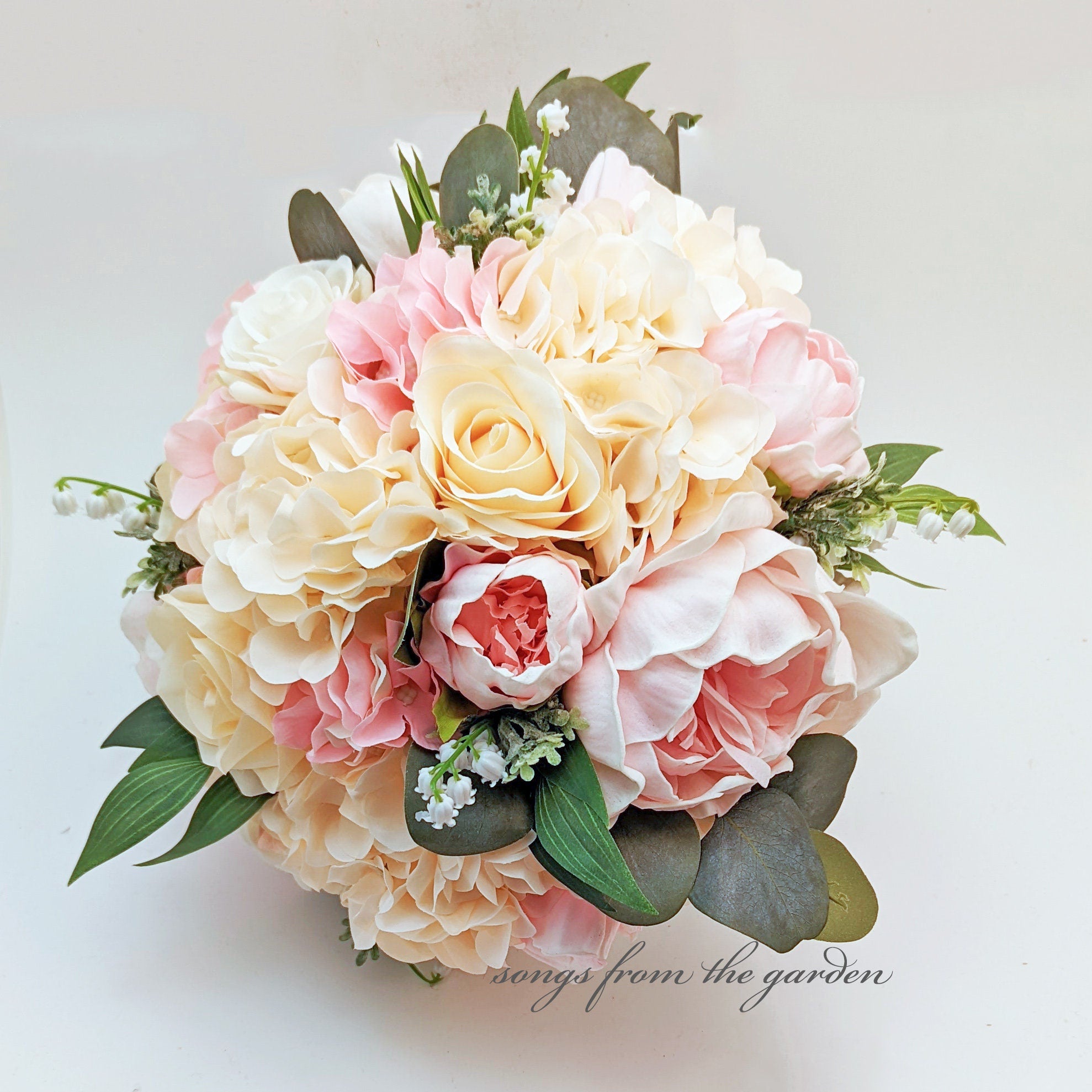 Bridal Bridesmaid Wedding Bouquet Eucalyptus Lily of the Valley Peonies Roses Hydrangea Peach Pink White - Add Boutonniere Flower Crown More