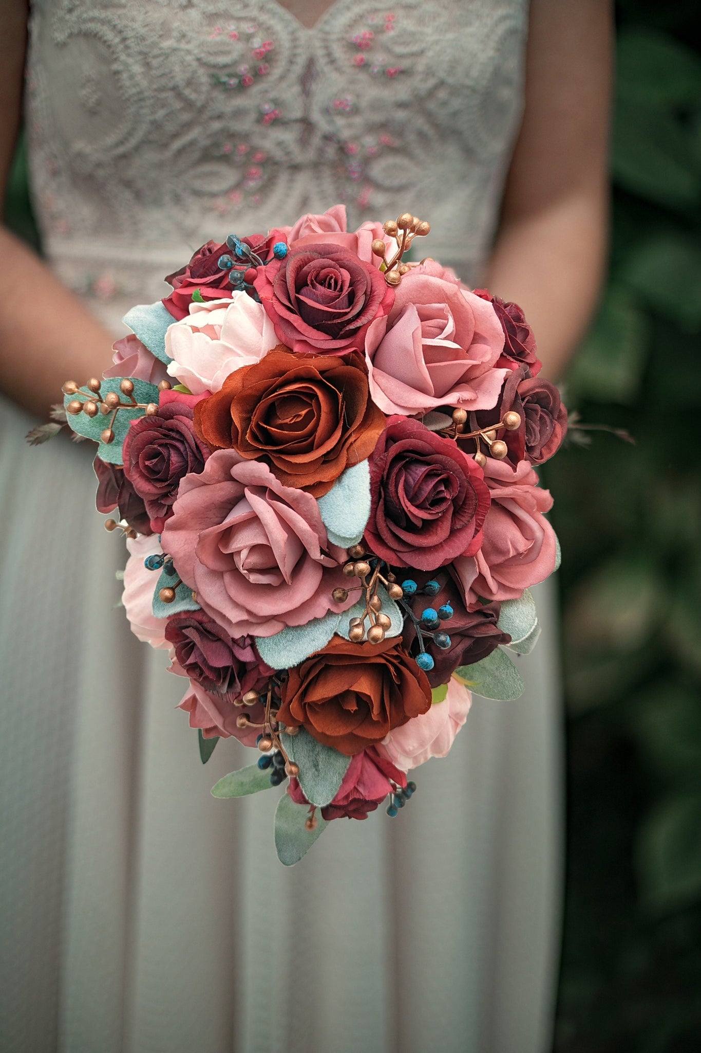 Cascade Bridal Bouquet Burgundy Rust Navy Dusty Mauve Rose Gold - Roses Peonies Berries - Add Groom Boutonniere Bridesmaid Bouquet & More!