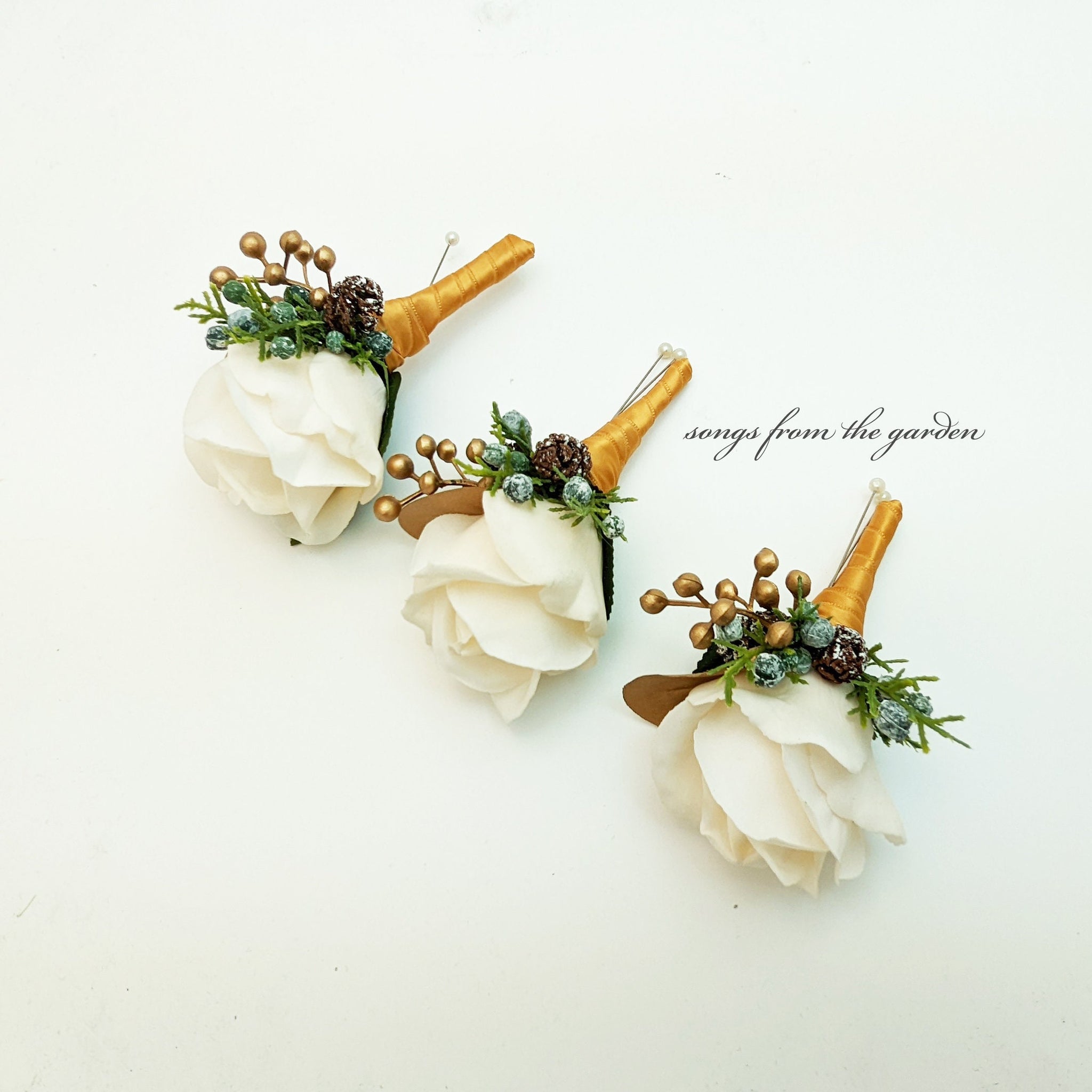 Winter Boutonnieres - White Real Touch Rose Pinecone Evergreens Gold Berries Accent  - Wedding Groom Groomsmen Prom Homecoming Boutonniere