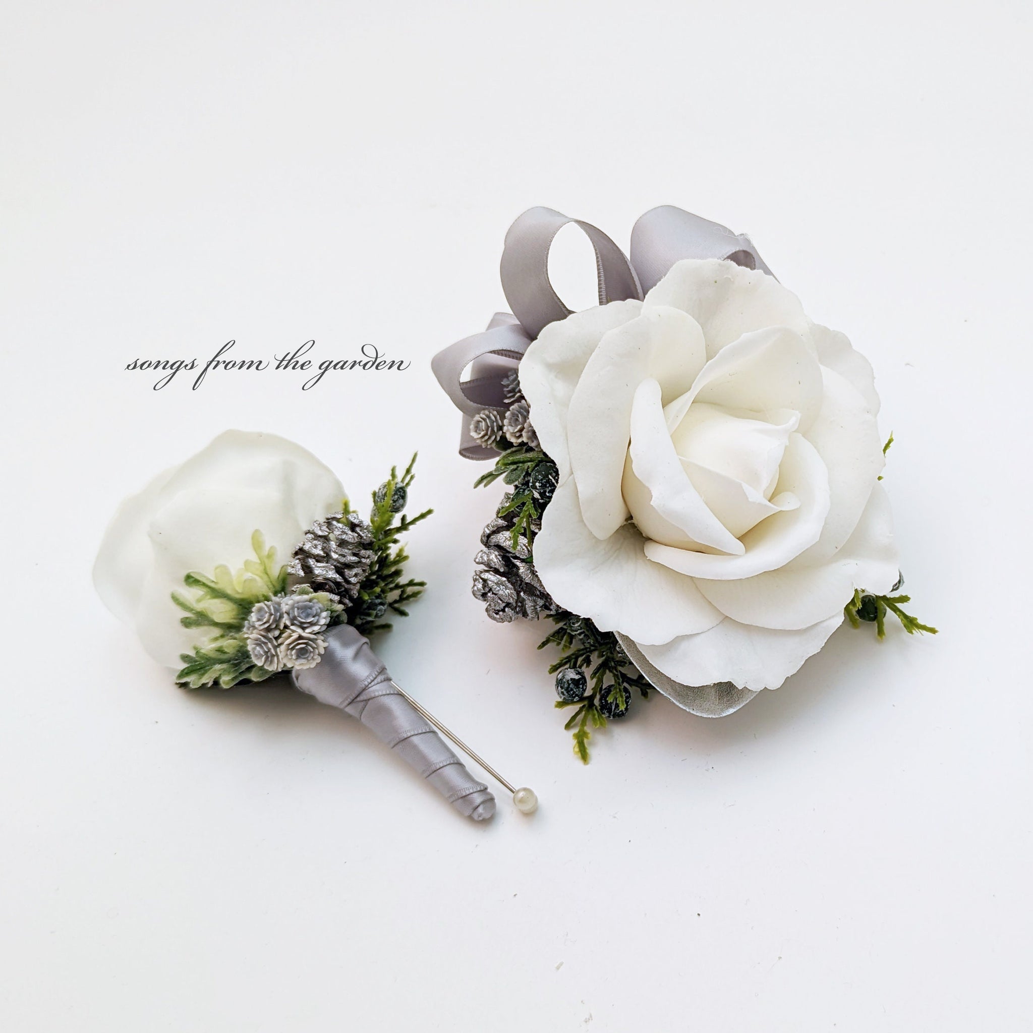 Winter Boutonniere or Corsage  - Silver White Real Touch Rose Pinecone Evergreen Babys Breath Accents - Wedding Prom Homecoming Boutonniere