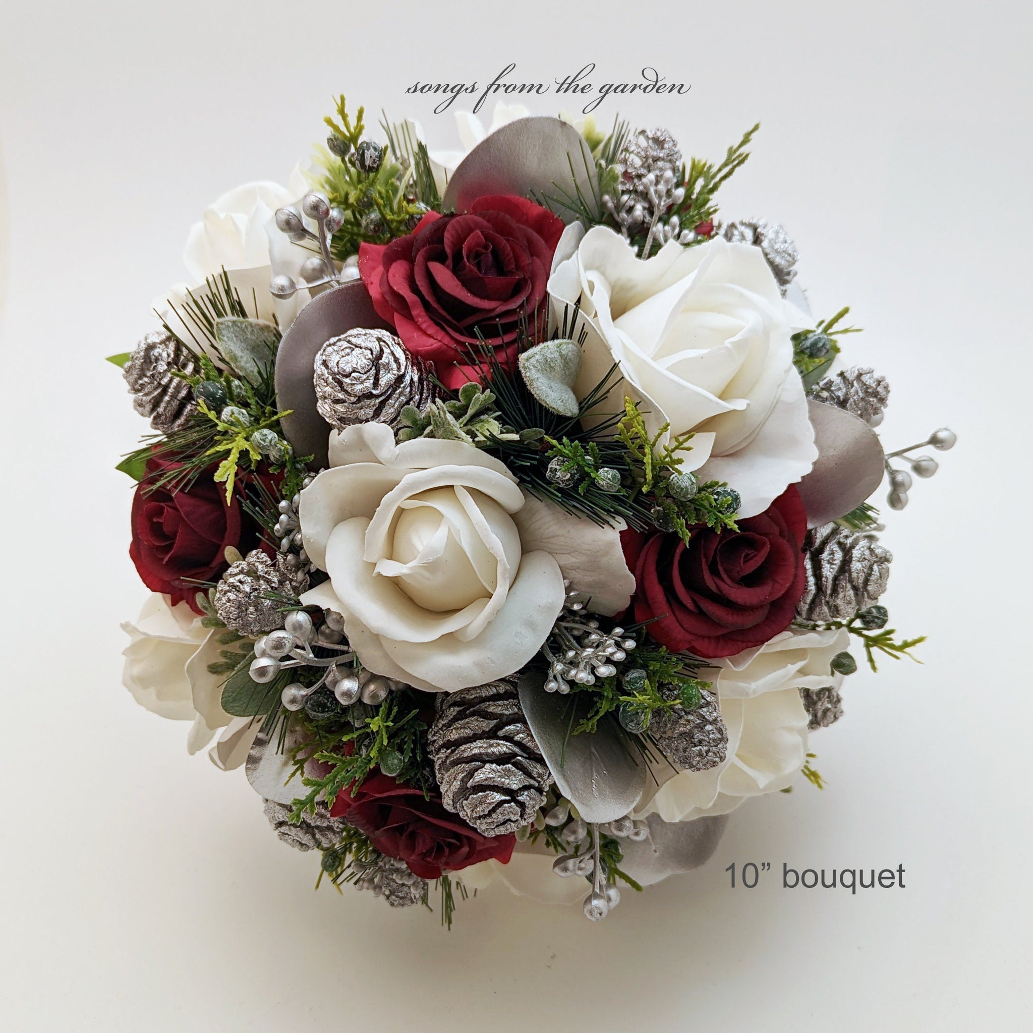 Bridal Bouquet Evergreens Burgundy Silver & White Bouquet Pine Cones Real Touch Roses - add a Groom's Boutonniere Bridesmaids Bouquet More!