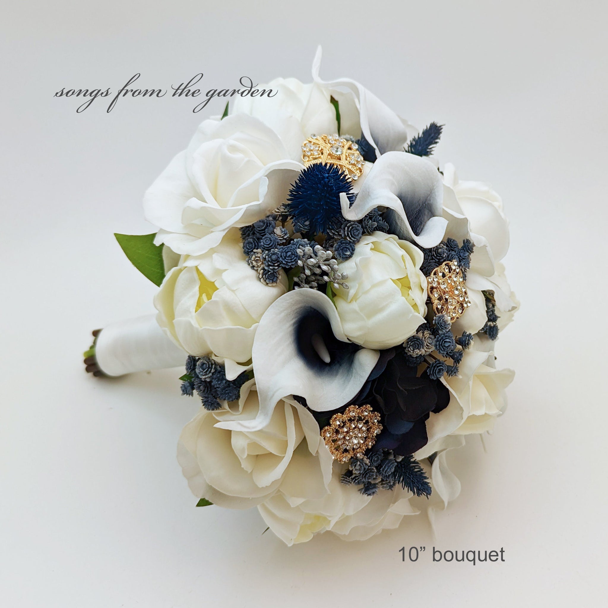 Real Touch Bridal Bouquet - White Roses Peonies Navy Callas  Gold Brooches - Bridal or Bridesmaid Bouquet Add Corsages Boutonnieres & More!