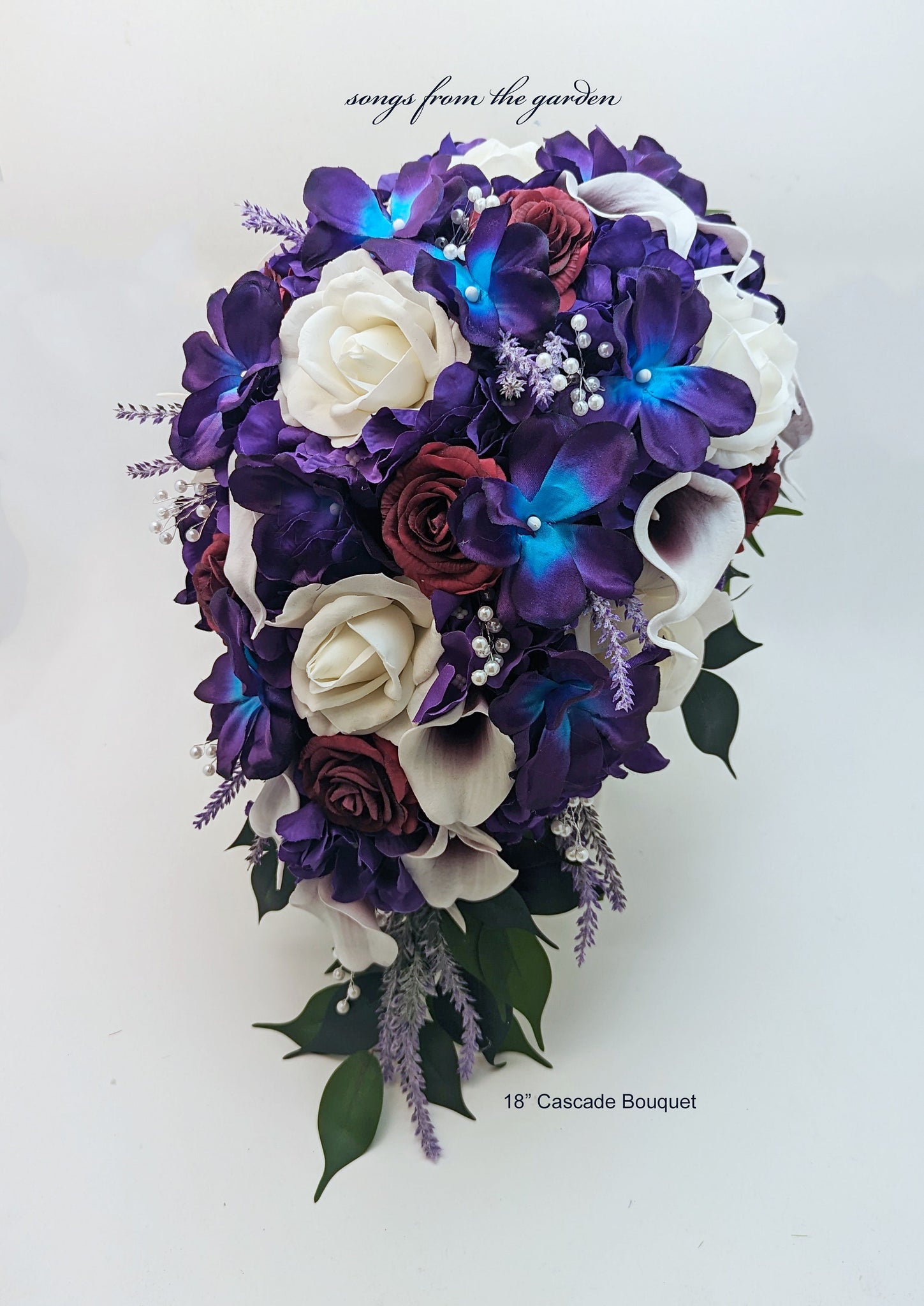 Galaxy Blue Orchid Callas Burgundy Roses Cascade Bridal Bouquet - add a Groom's Groomsmen Boutonniere Bridesmaid Bouquet Wedding Centerpiece