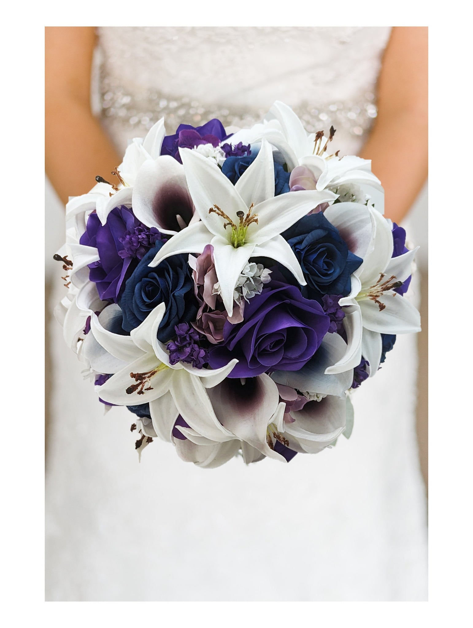 Wedding Bouquet - Navy Purple Roses Plum Picasso Callas White Tiger Lilies - Bridal Bridesmaid Bouquet Groom Groomsmen Boutonniere & More!