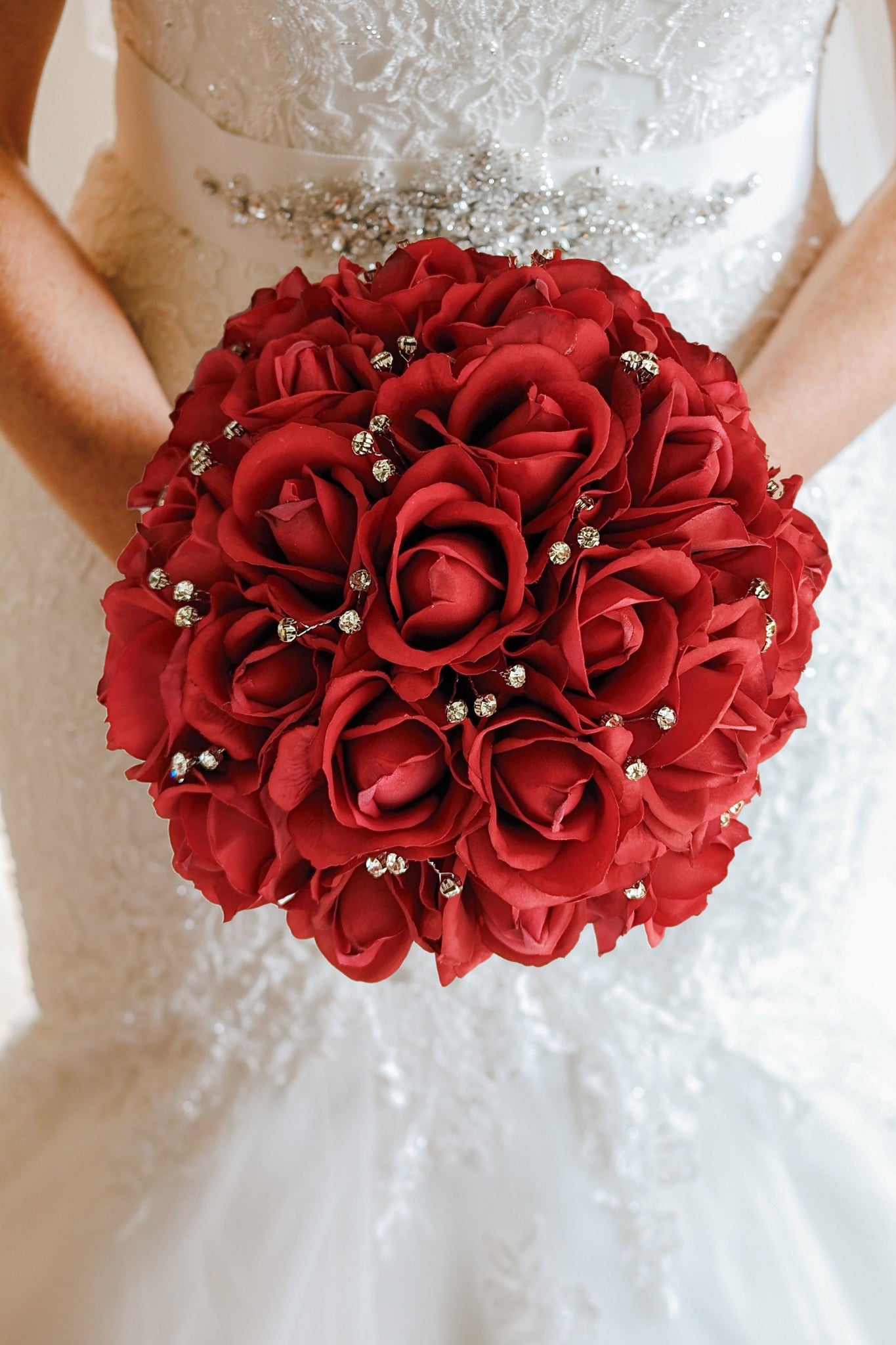 Red Roses & Crystals Bridal or Bridesmaid Bouquet - Add Groom Groomsman Boutonniere or Arch Flowers or Corsage