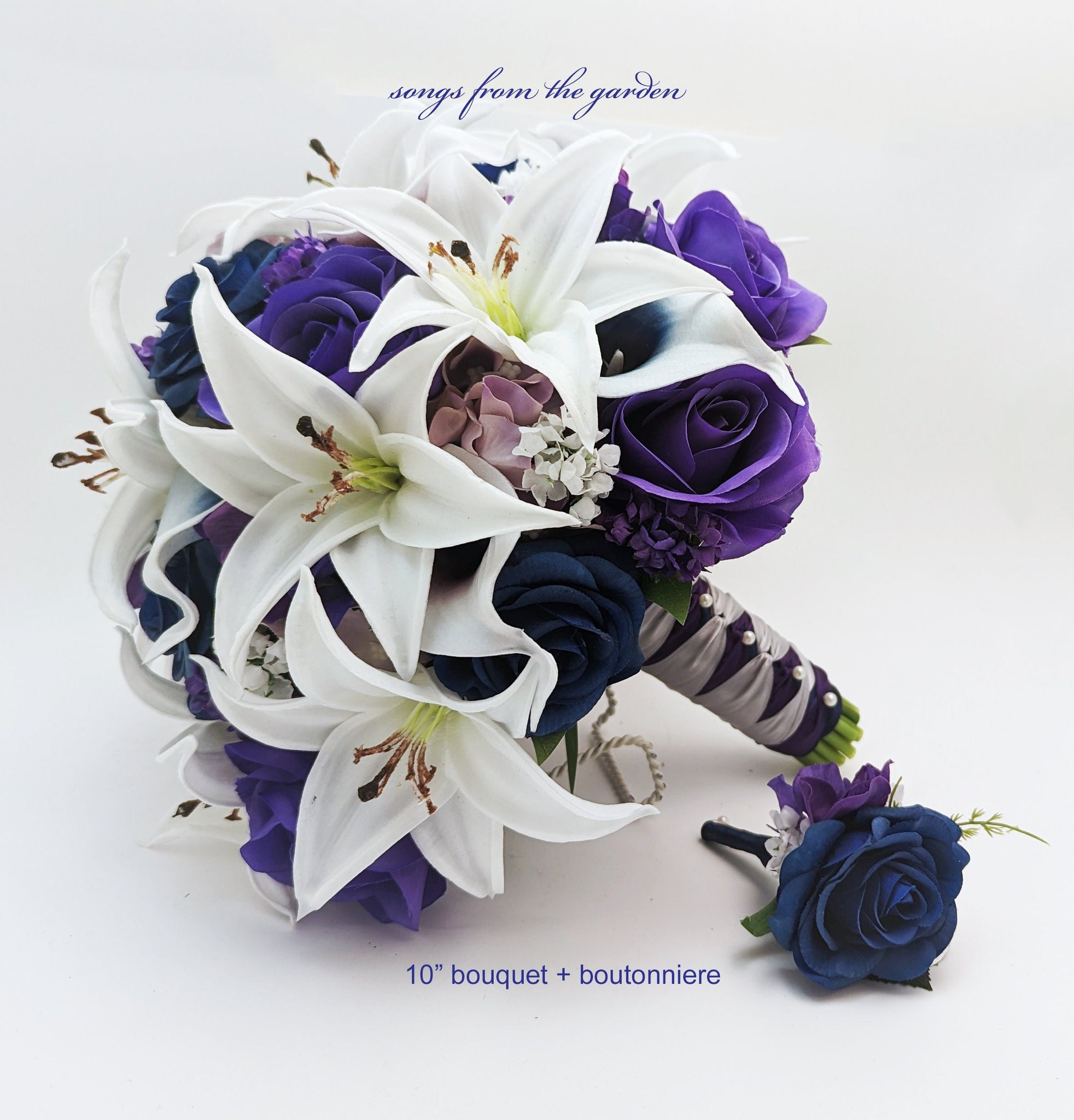 Wedding Bouquet - Navy Purple Roses Plum Picasso Callas White Tiger Lilies - Bridal Bridesmaid Bouquet Groom Groomsmen Boutonniere & More!
