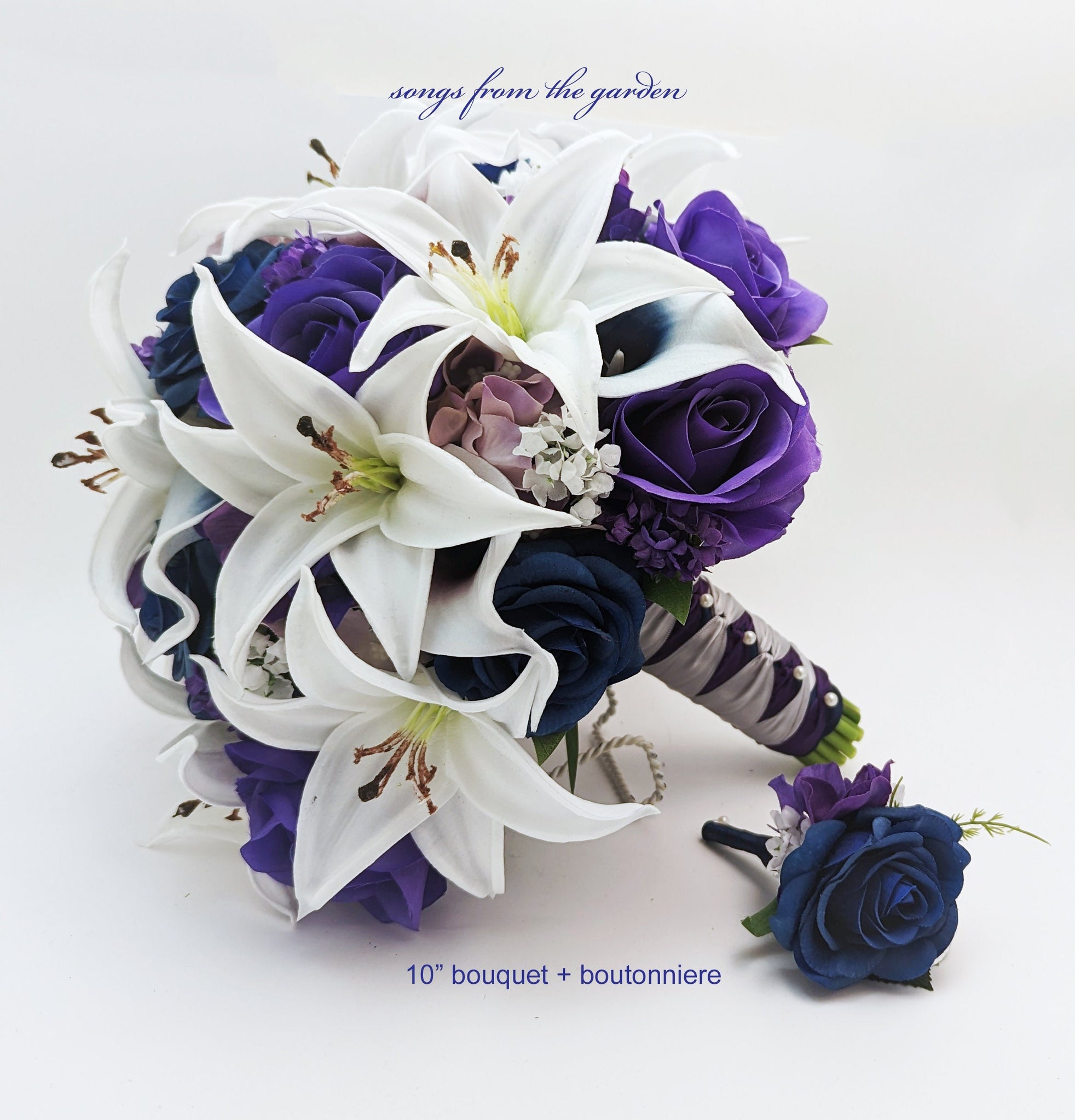 white lilies and purple roses Wedding Bouquet - Navy Purple Roses Plum Picasso Callas White Tiger Lilies