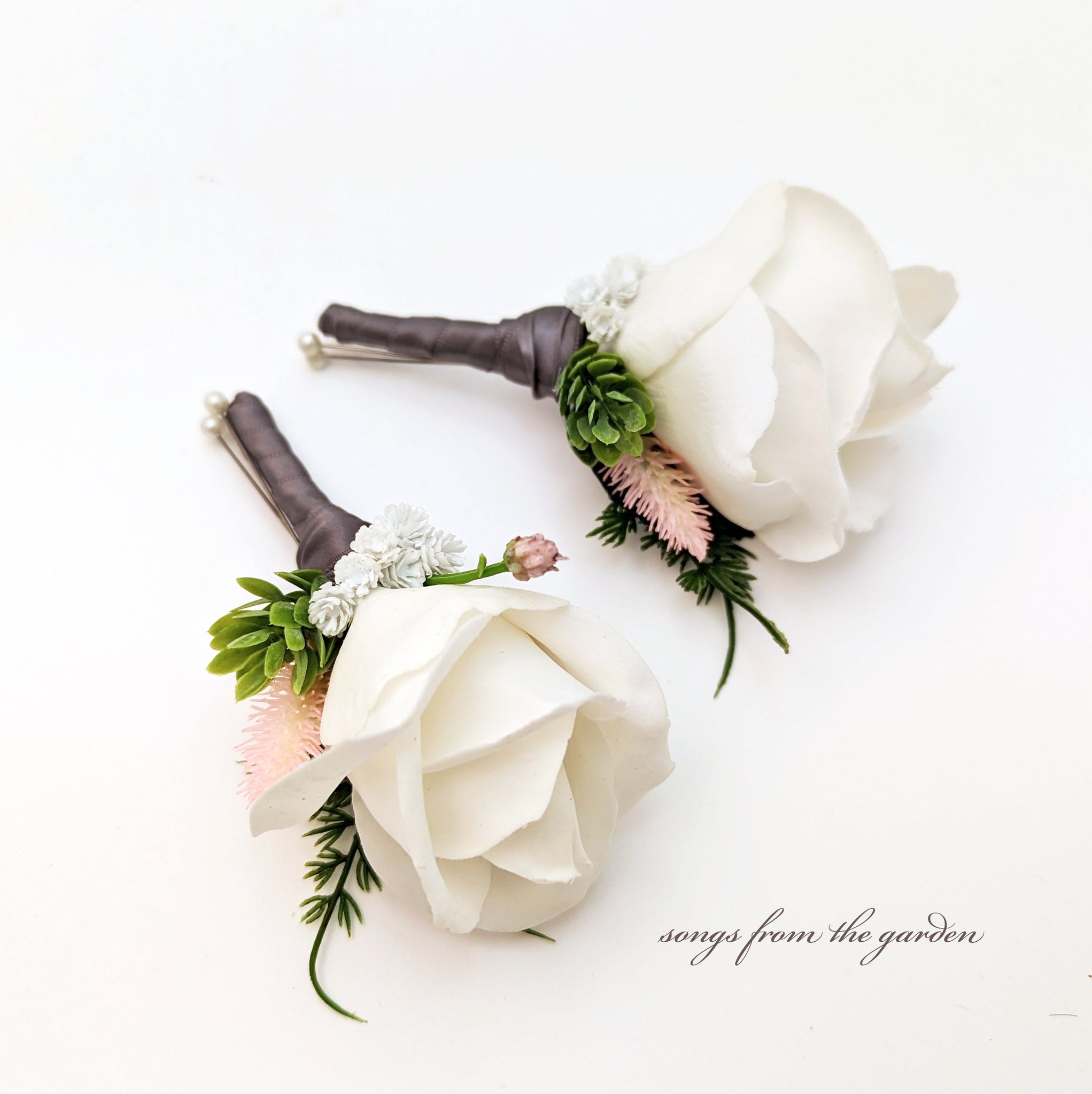 Pink Thistle White Real Touch Rose Boutonniere Buttonhole Groom Groomsmen - Customize For Your Wedding Colors - Wedding Prom Boutonniere
