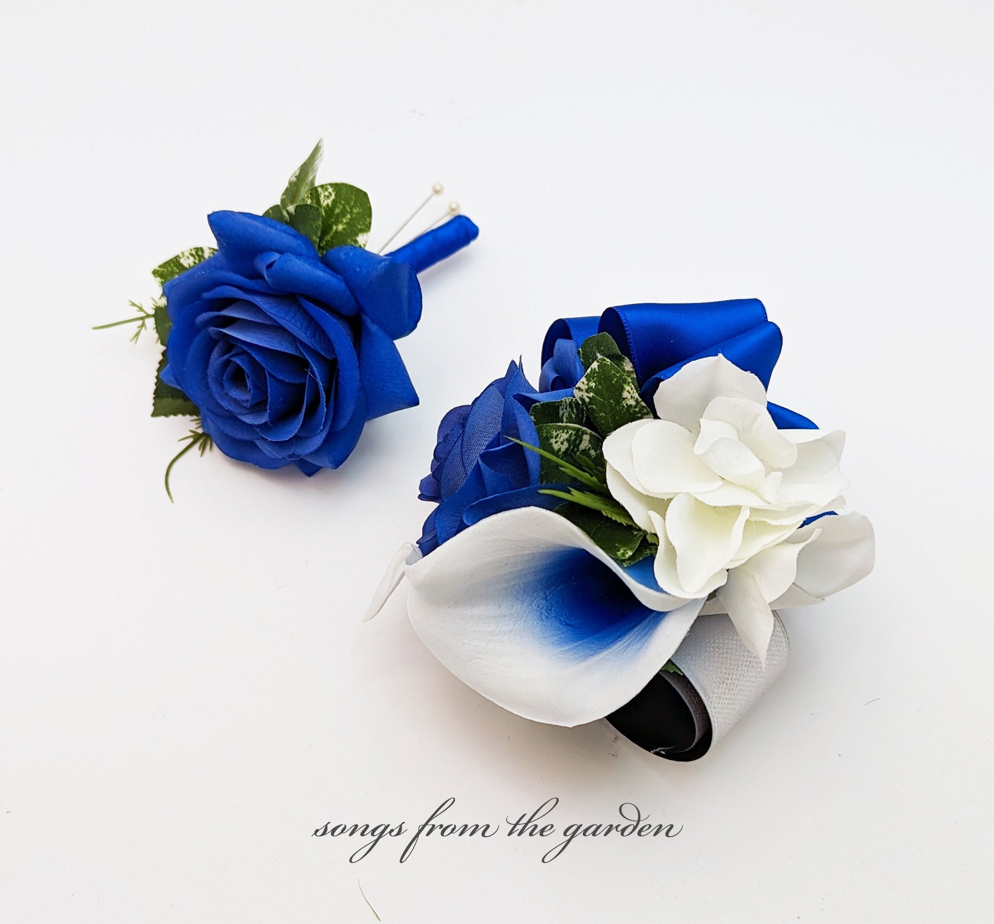 Wrist or Arm Corsage - Royal Blue Rose and Calla Lily Corsage or Boutonniere - Choose Your Ribbon Color - Wedding Homecoming Prom Corsage