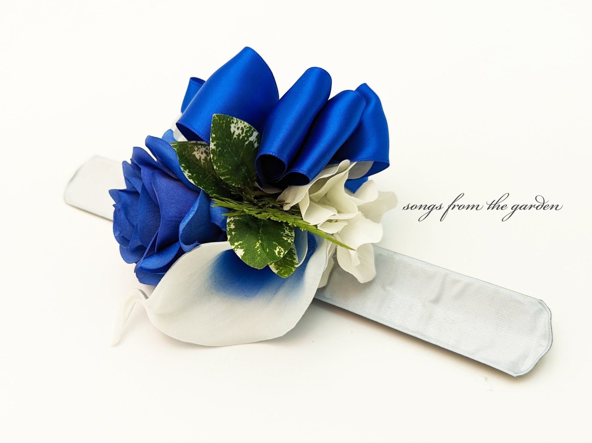 Wrist or Arm Corsage - Royal Blue Rose and Calla Lily Corsage or Boutonniere - Choose Your Ribbon Color - Wedding Homecoming Prom Corsage