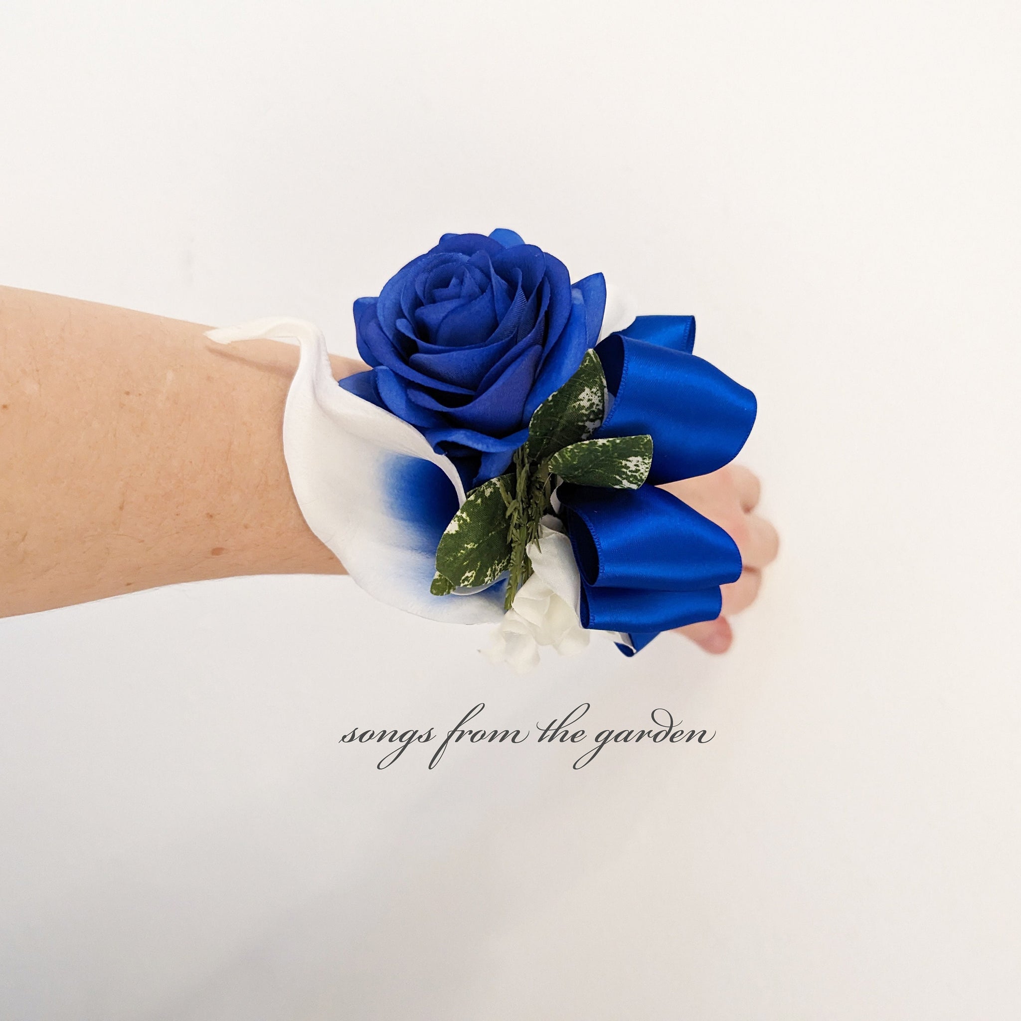 Wrist or Arm Corsage - Royal Blue Rose and Calla Lily Corsage or Boutonniere - Choose Your Ribbon Color - Wedding Homecoming Prom Corsage