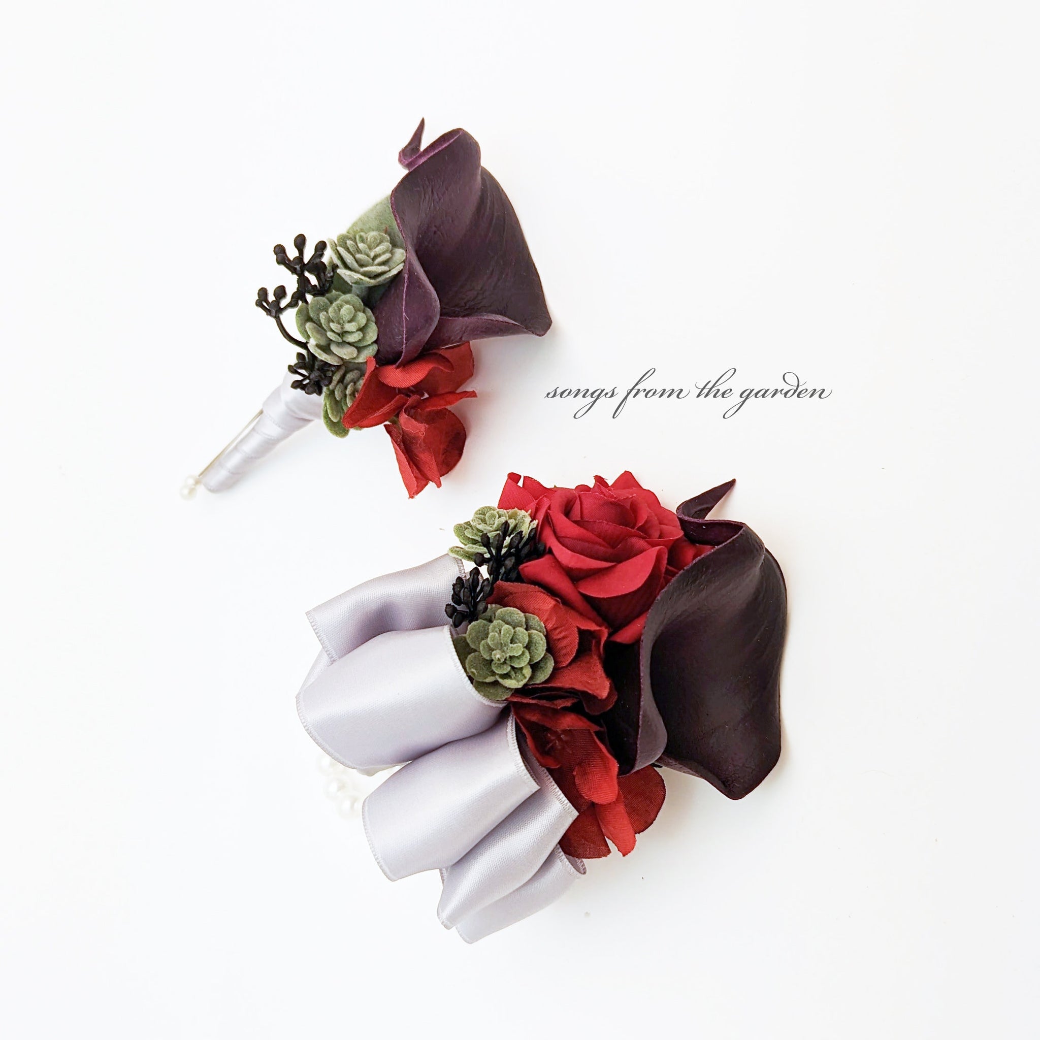 Boutonniere or Corsage - Red Plum Black with Calla Rose Succulents- Wedding Homecoming Prom Corsage