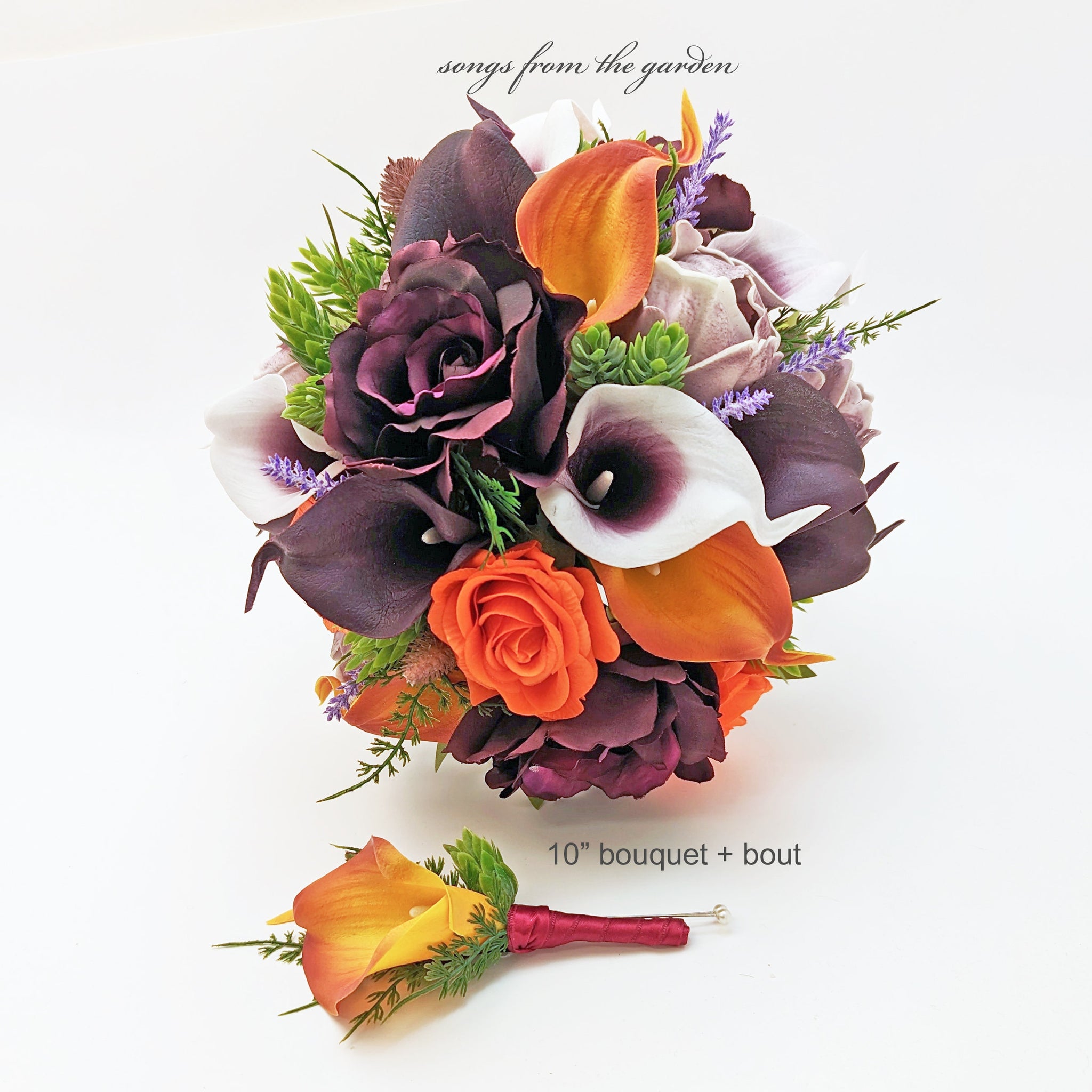 Plum & Orange Bridal or Bridesmaid Bouquet Calla Lilies Roses Peonies Hops - Add Corsage Groom's Boutonniere Wedding Centerpiece and More!