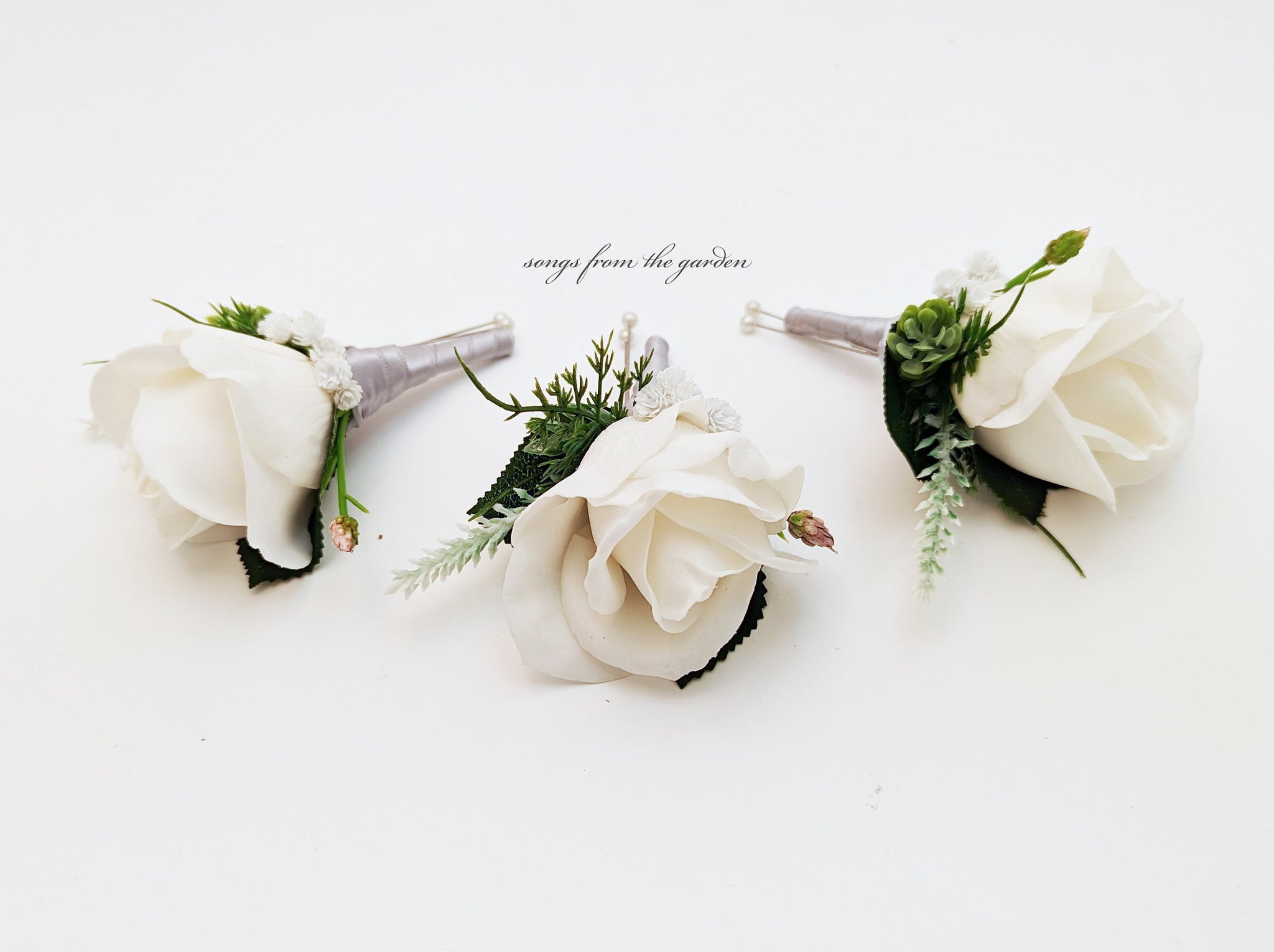 Hops & White Real Touch Rose Boutonniere Buttonhole Groom Groomsmen - Customize For Your Wedding Colors - Wedding Prom Boutonniere