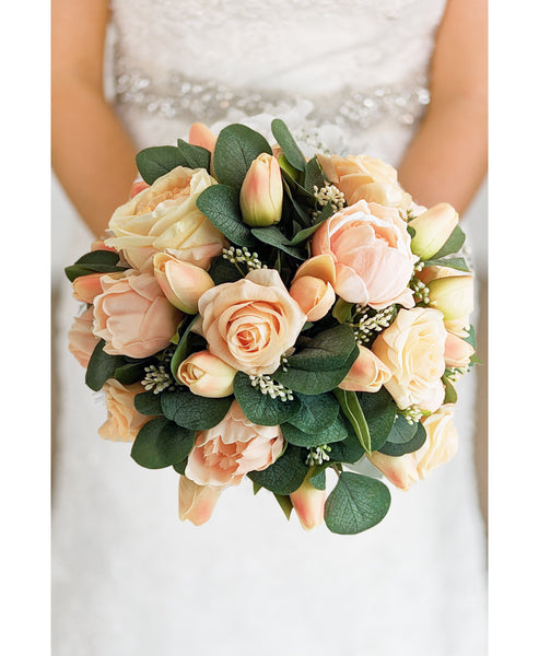 Peach Bridal or Bridesmaid Bouquet Eucalyptus Peonies Roses Tulips - Add Groom's Boutonniere Corsage Wedding Centerpiece Crown & More!