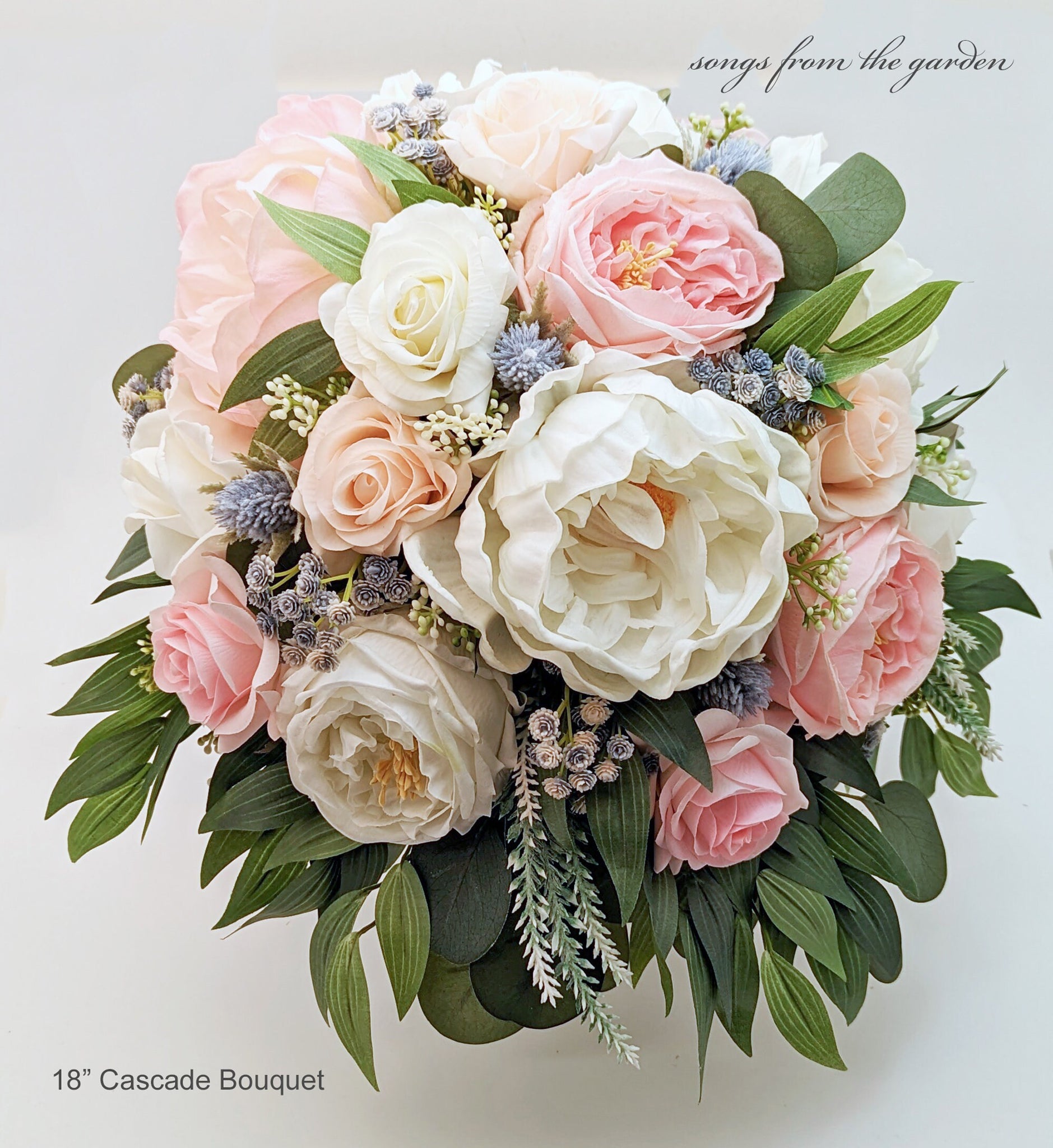 Cascade Bridal Bouquet Pink Peach Dusty Blue Real Touch Garden Roses Peonies Eucalyptus - Add Boutonniere Bridesmaid Corsage & More!