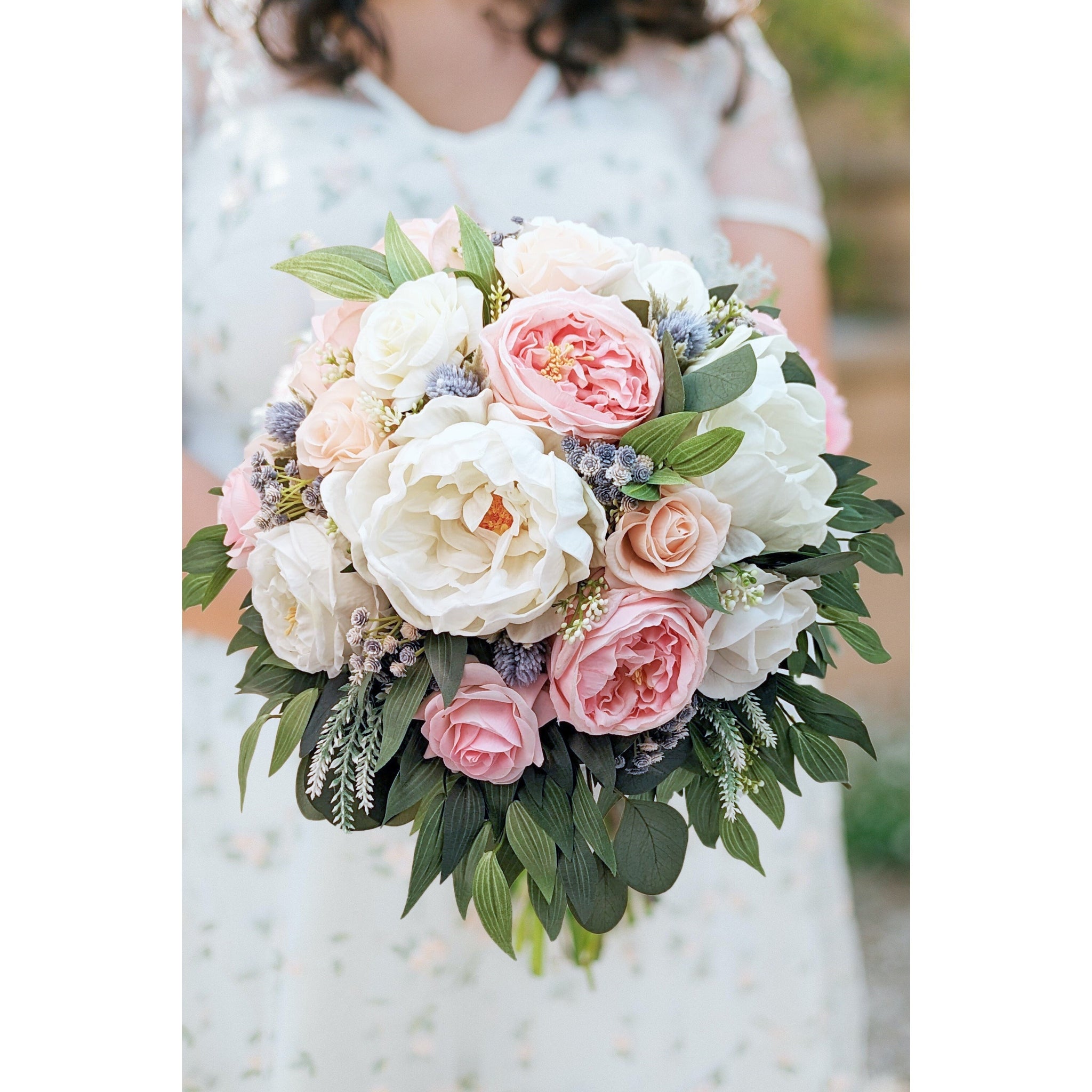 Cascade Bridal Bouquet Pink Peach Dusty Blue Real Touch Garden Roses Peonies Eucalyptus - Add Boutonniere Bridesmaid Corsage & More!