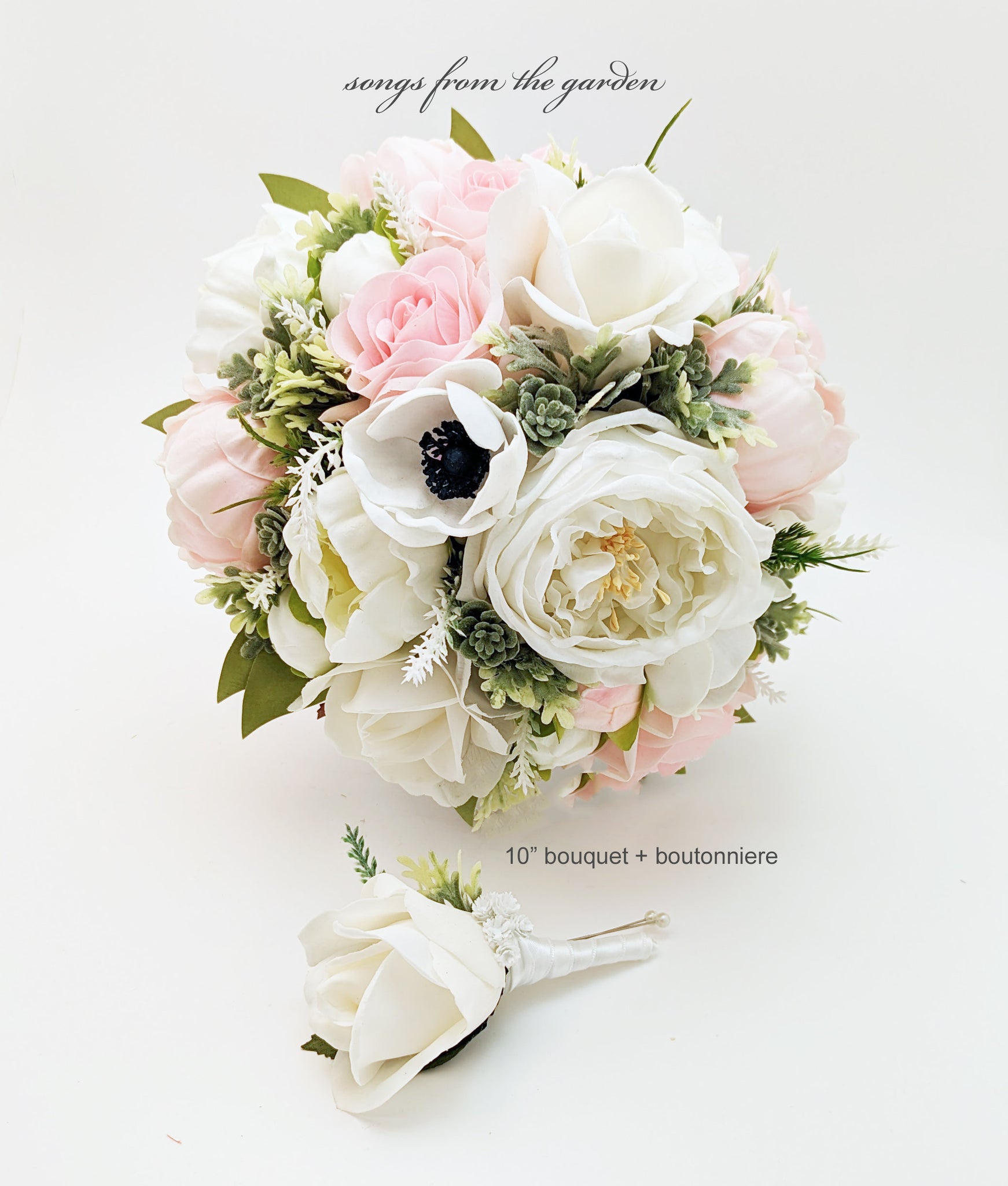 Blush Bridal or Bridesmaid Bouquet Succulents Peonies Cabbage Roses Anemones - Add Groom's Boutonniere Wedding Flower Halo Corsage More!