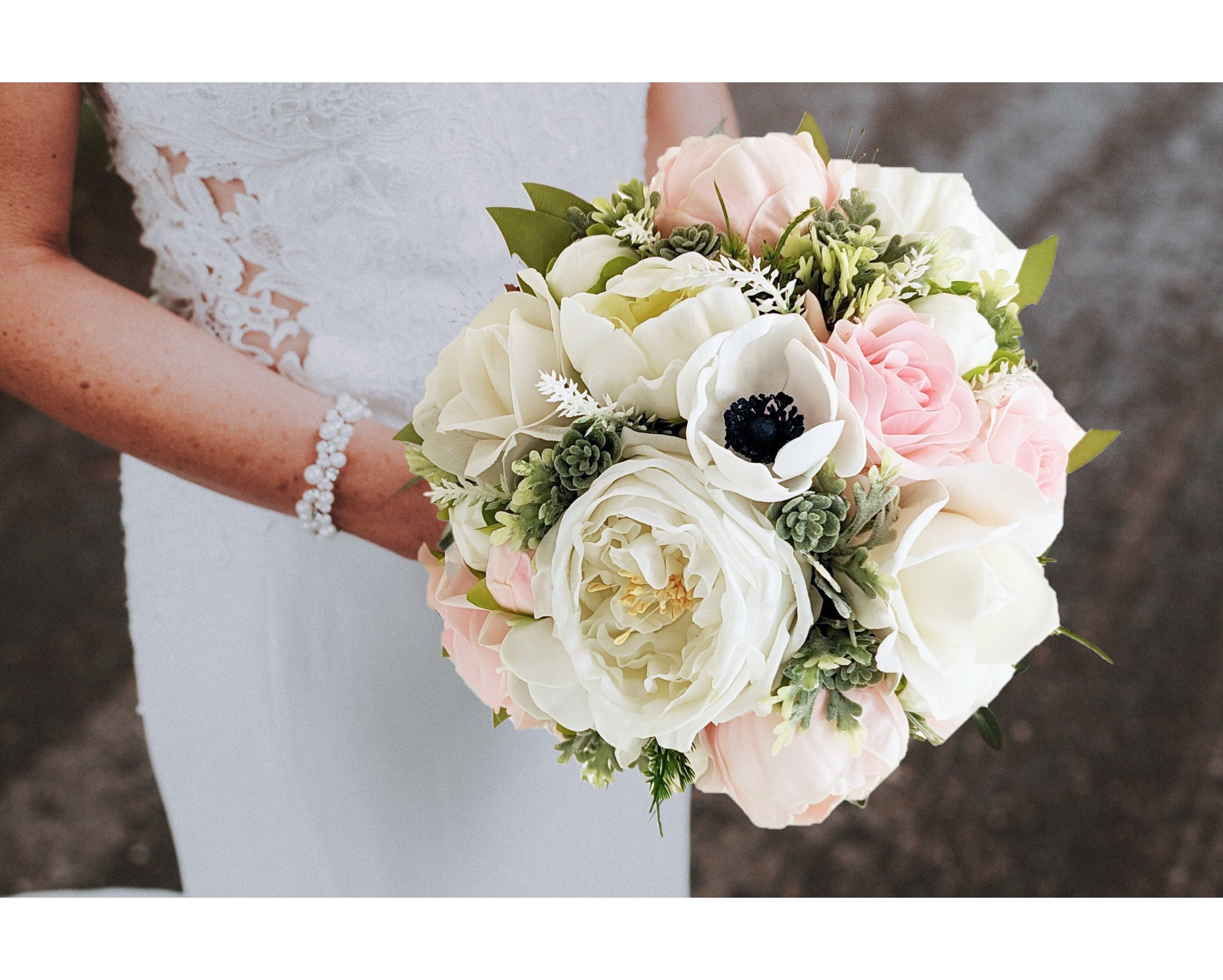 Blush Bridal or Bridesmaid Bouquet Succulents Peonies Cabbage Roses Anemones - Add Groom's Boutonniere Wedding Flower Halo Corsage More!