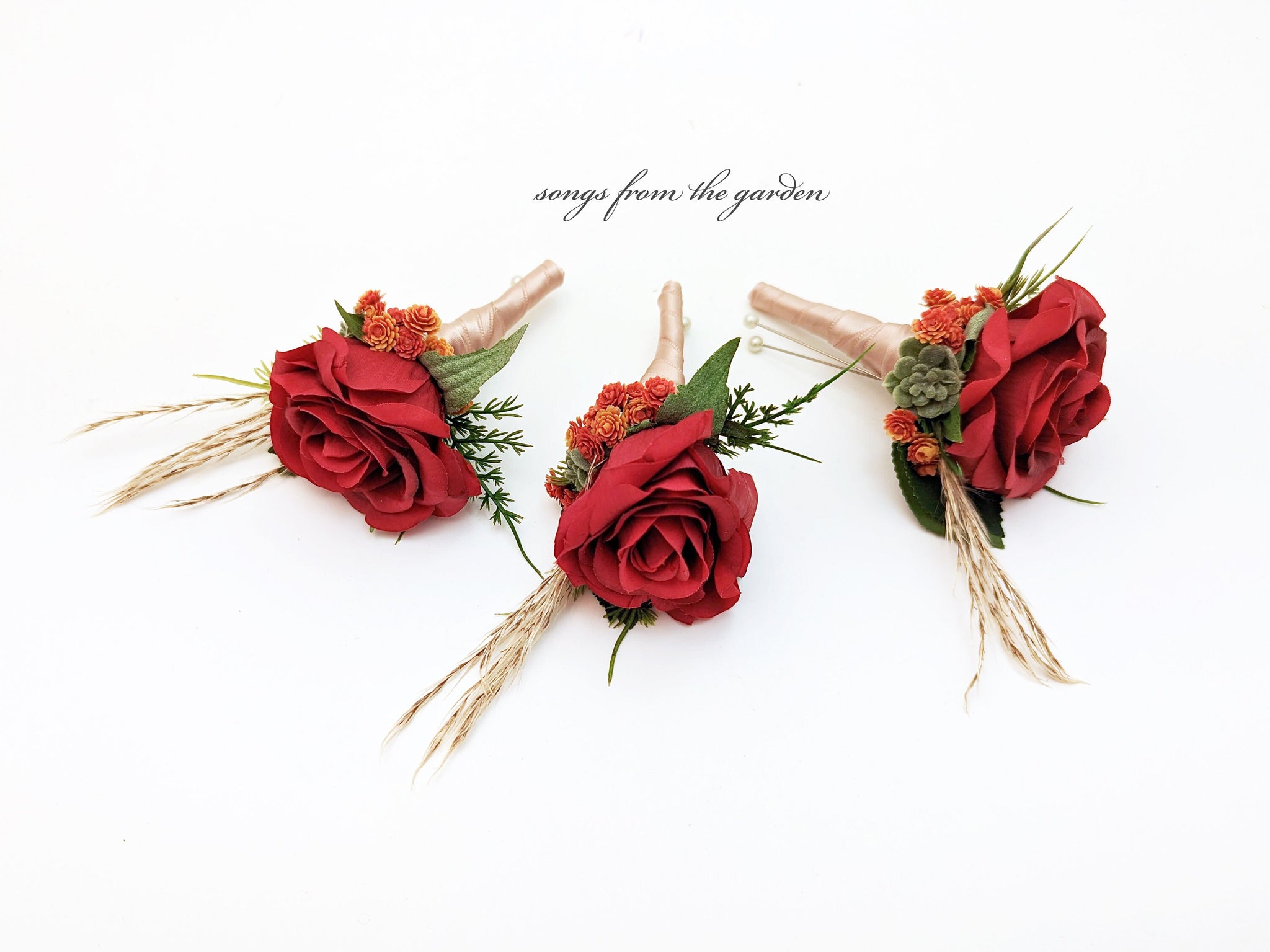 Rose Corsage or Boutionniere with Pampas Grass Succulents Orange Red - Real Touch Rose Wedding Boutonniere Corsage Homecoming Prom Corsage
