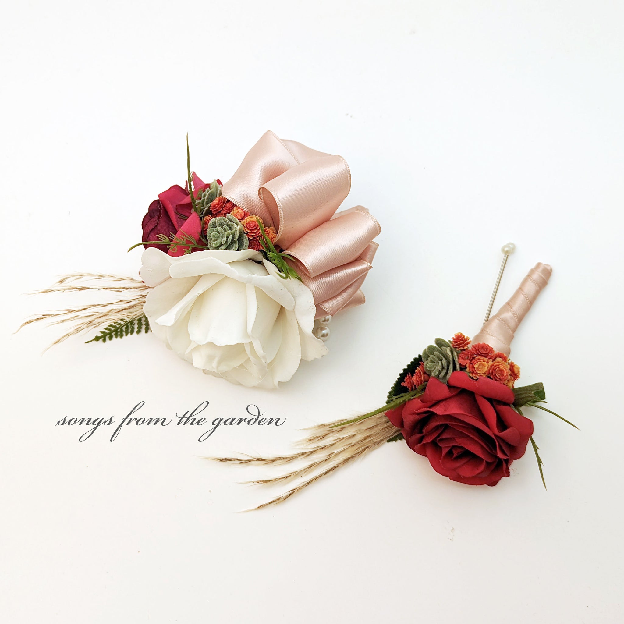 Rose Corsage or Boutionniere with Pampas Grass Succulents Orange Red - Real Touch Rose Wedding Boutonniere Corsage Homecoming Prom Corsage