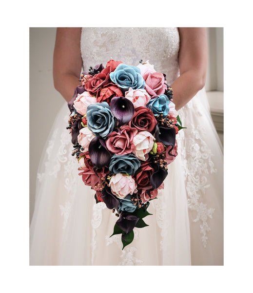 Cascade Bridal Bouquet Plum Burgundy Blush Dusty Blue Rose Gold - Roses Peonies Callas - Add Groom Boutonniere Bridesmaid Bouquet & More!