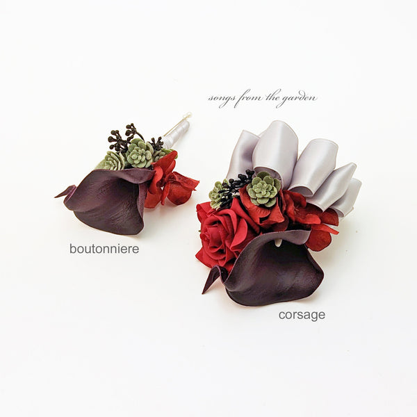 Boutonniere or Corsage - Red Plum Black with Calla Rose Succulents- Wedding Homecoming Prom Corsage