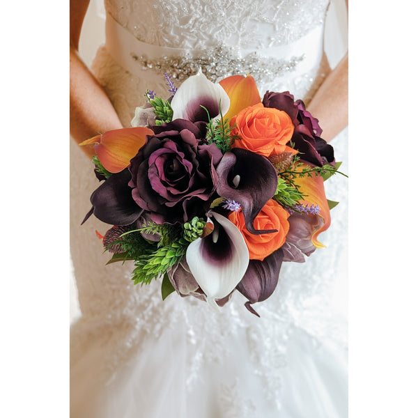 Plum & Orange Bridal or Bridesmaid Bouquet Calla Lilies Roses Peonies Hops - Add Corsage Groom's Boutonniere Wedding Centerpiece and More!