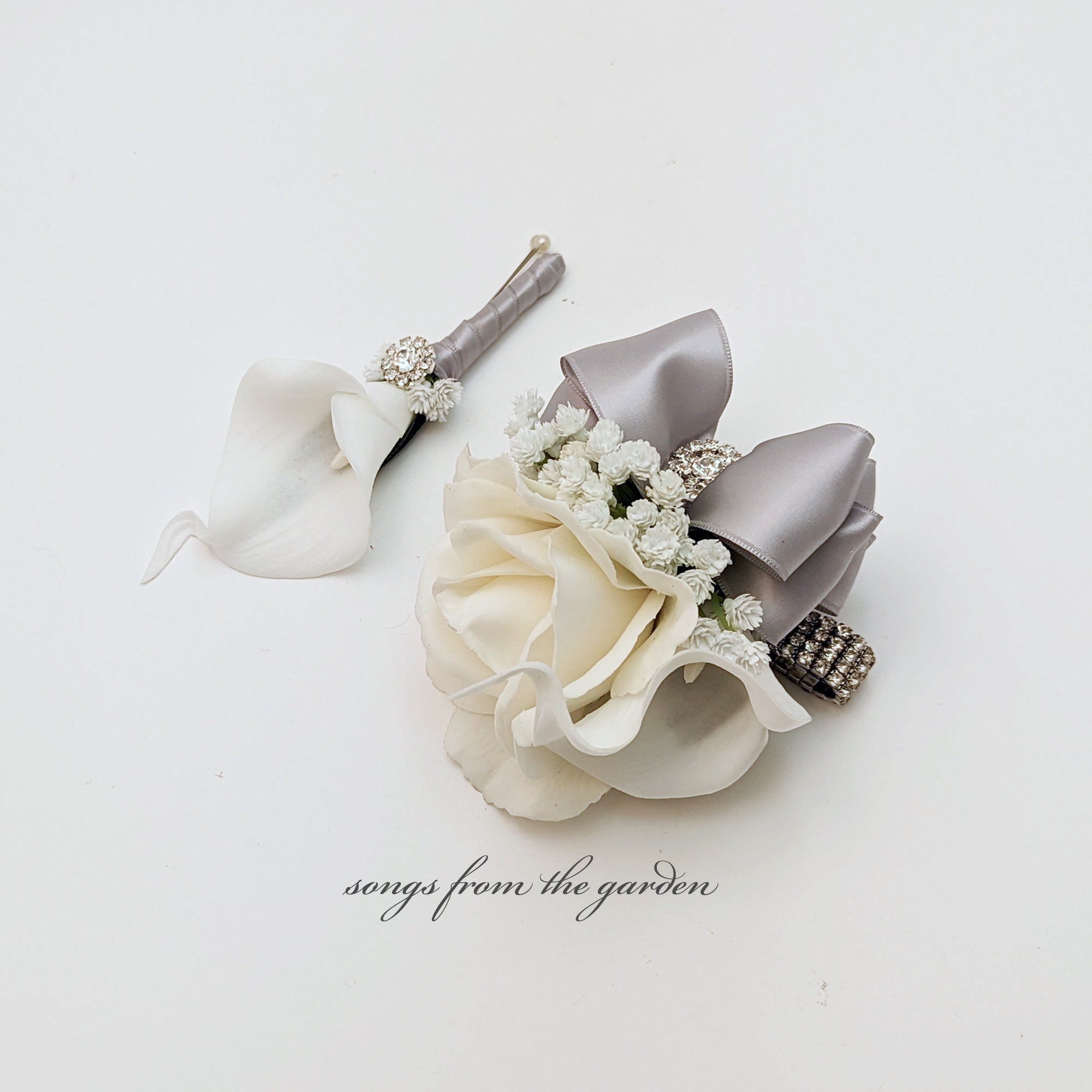 Calla & Rose Corsage with Rhinestones - Real Touch Rose Wedding Boutonniere Wedding Corsage Mother of the Bride - Homecoming Prom Corsage