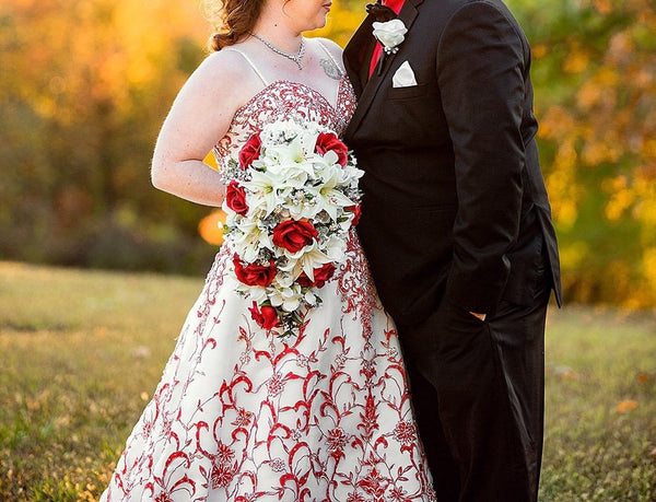 Cascade Bridal Bouquet - Red White and Silver - Tiger Lilies, Rhinestones, Calla Lilies, Roses - Add Groom's Boutonniere - Waterfall Bouquet
