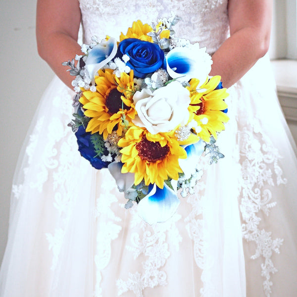Cascade Bridal Bouquet Sunflowers Royal Blue White Silver - Real Touch Royal Blue Roses and Rhinestones - Add Groom's Boutonniere Bridesmaid