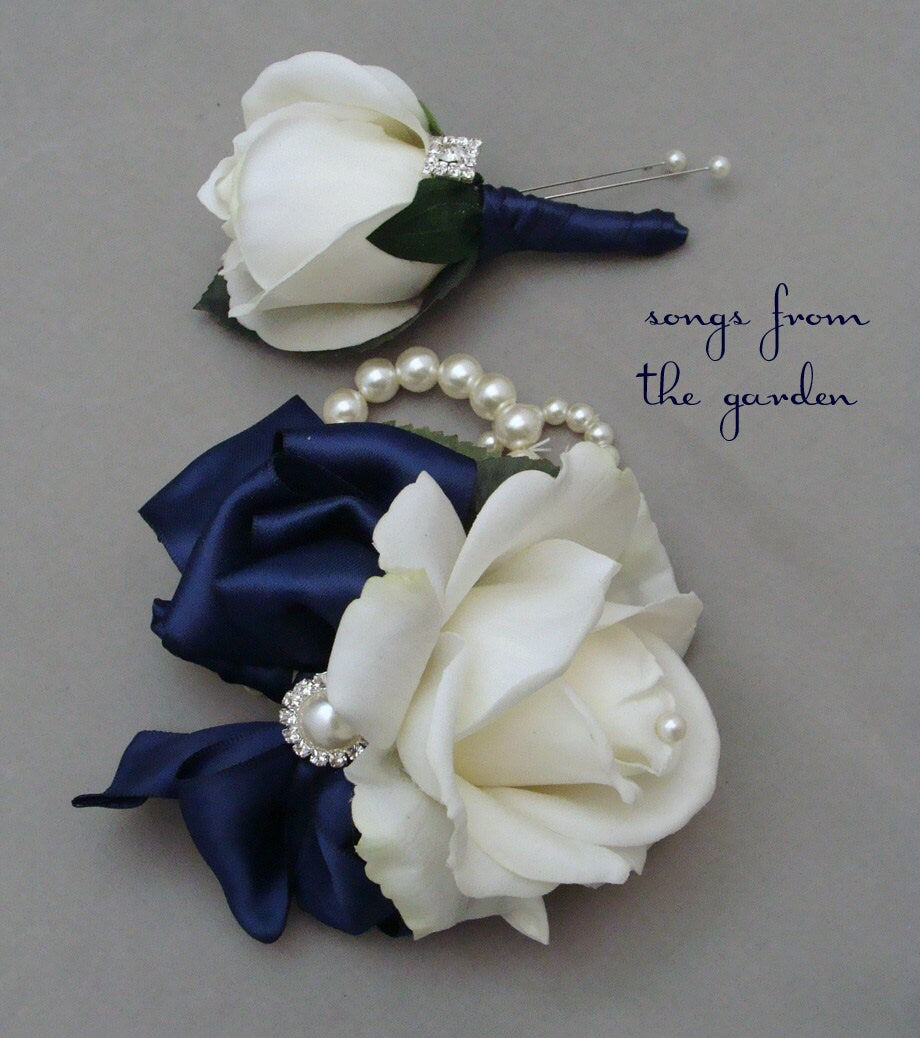 White Navy Real Touch Rose Wedding Boutonniere & Corsage with Rhinestone Pearl Accents - Mother of the Bride Prom Homecoming Corsage