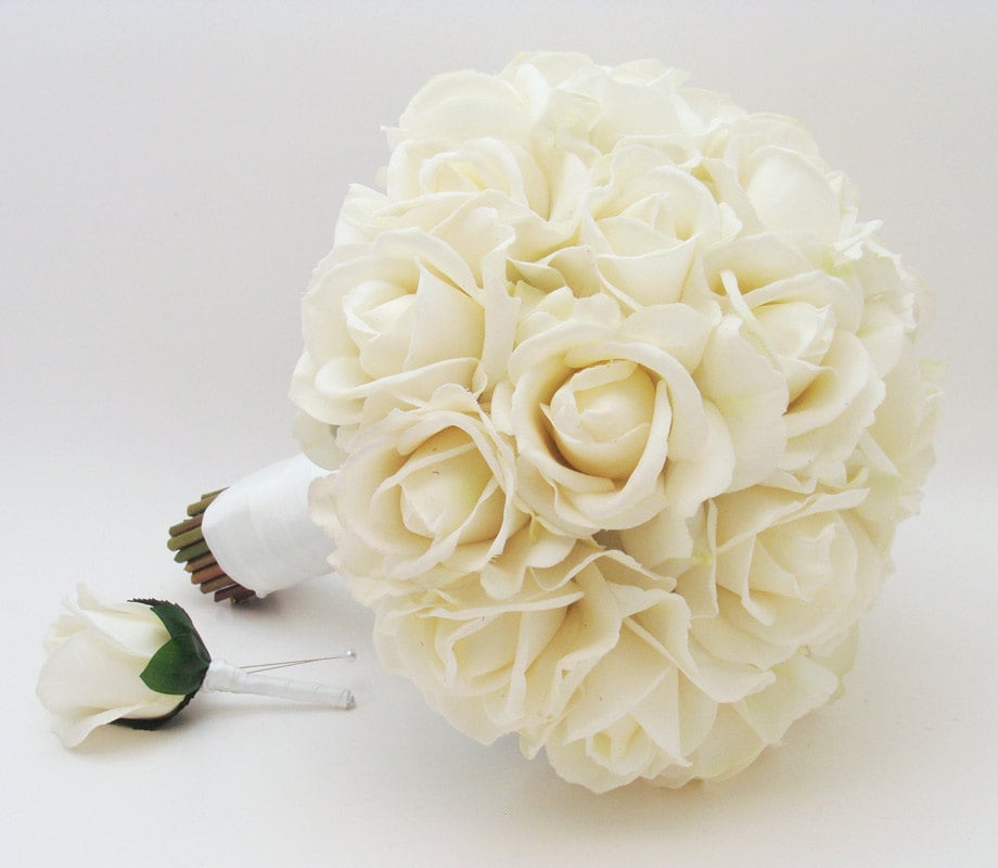 White Real Touch Roses Bridal or Bridesmaid Bouquet - add a Groom or Groomsman Boutonniere Wedding Flower Crown Arch Flowers Corsage & More!