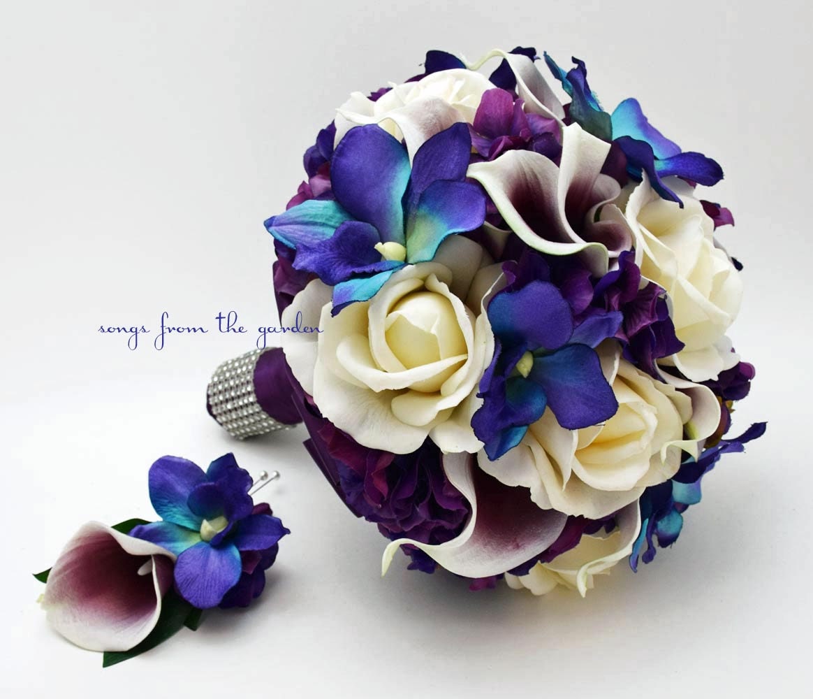 Blue Galaxy Orchid Bridal or Bridesmaid Bouquet - add a Groom's or Groomsmen Boutonniere or Arch Flowers Centerpieces Corsages and More!