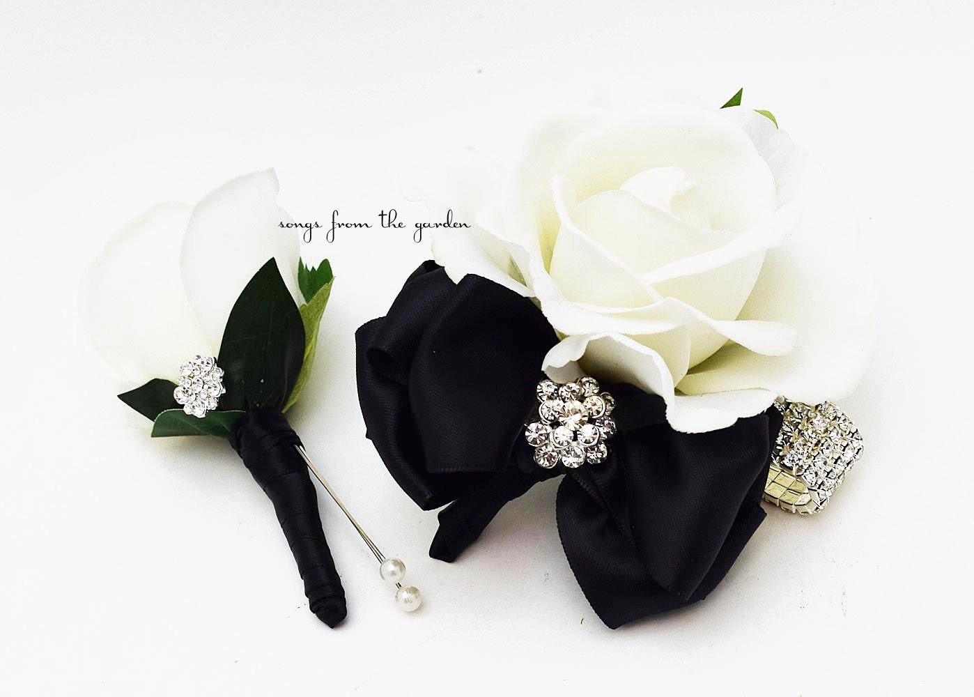 Black and White with Rhinestones Real Touch Rose Wedding Boutonniere Wedding Corsage Mother of the Bride Father Flowers Prom Corsage