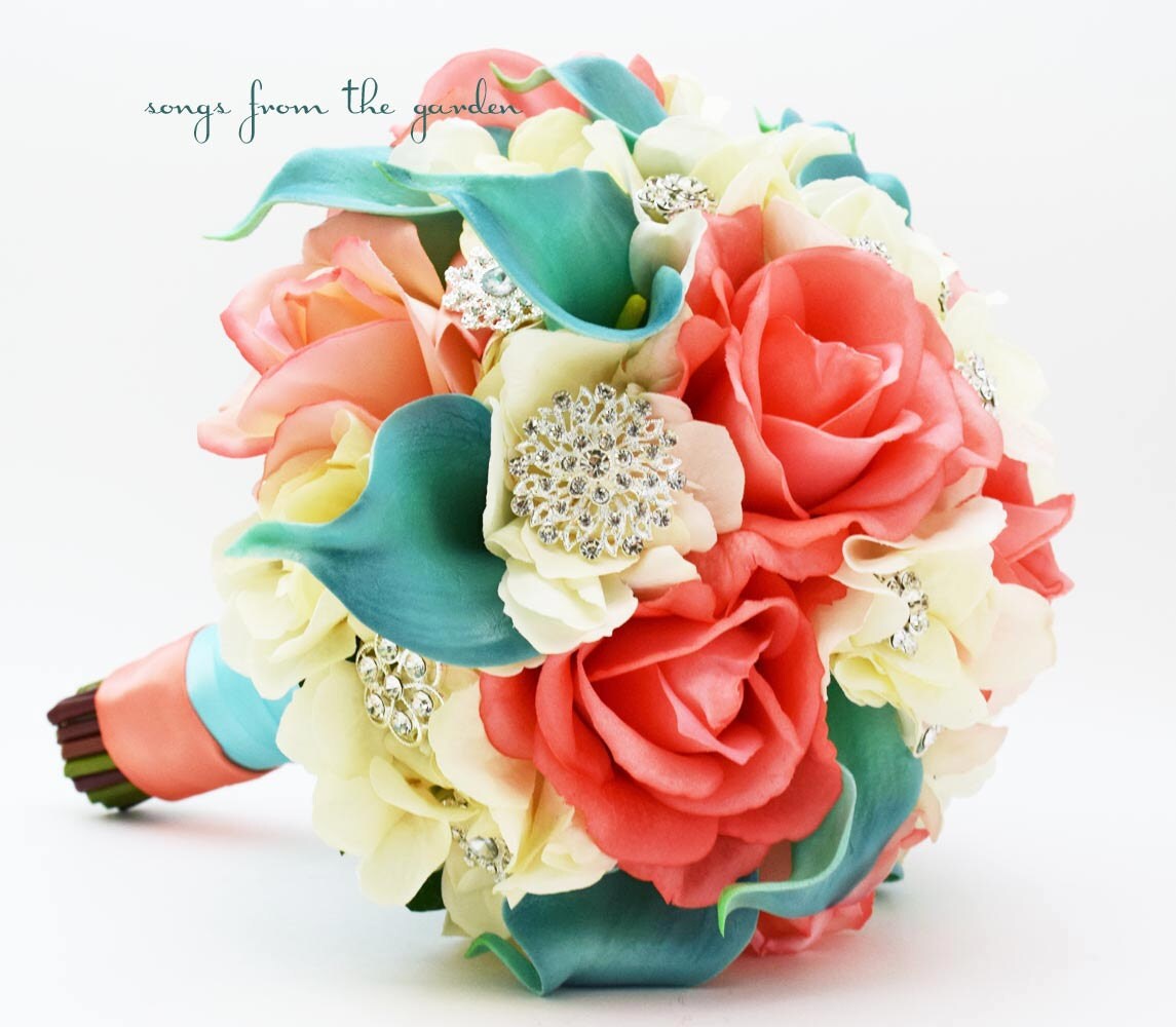 Coral Ivory Aqua Bridal Bouquet Rhinestone Brooches Wedding Bouquet - add a Groom Boutonniere  - Coral Ivory Aqua Blue