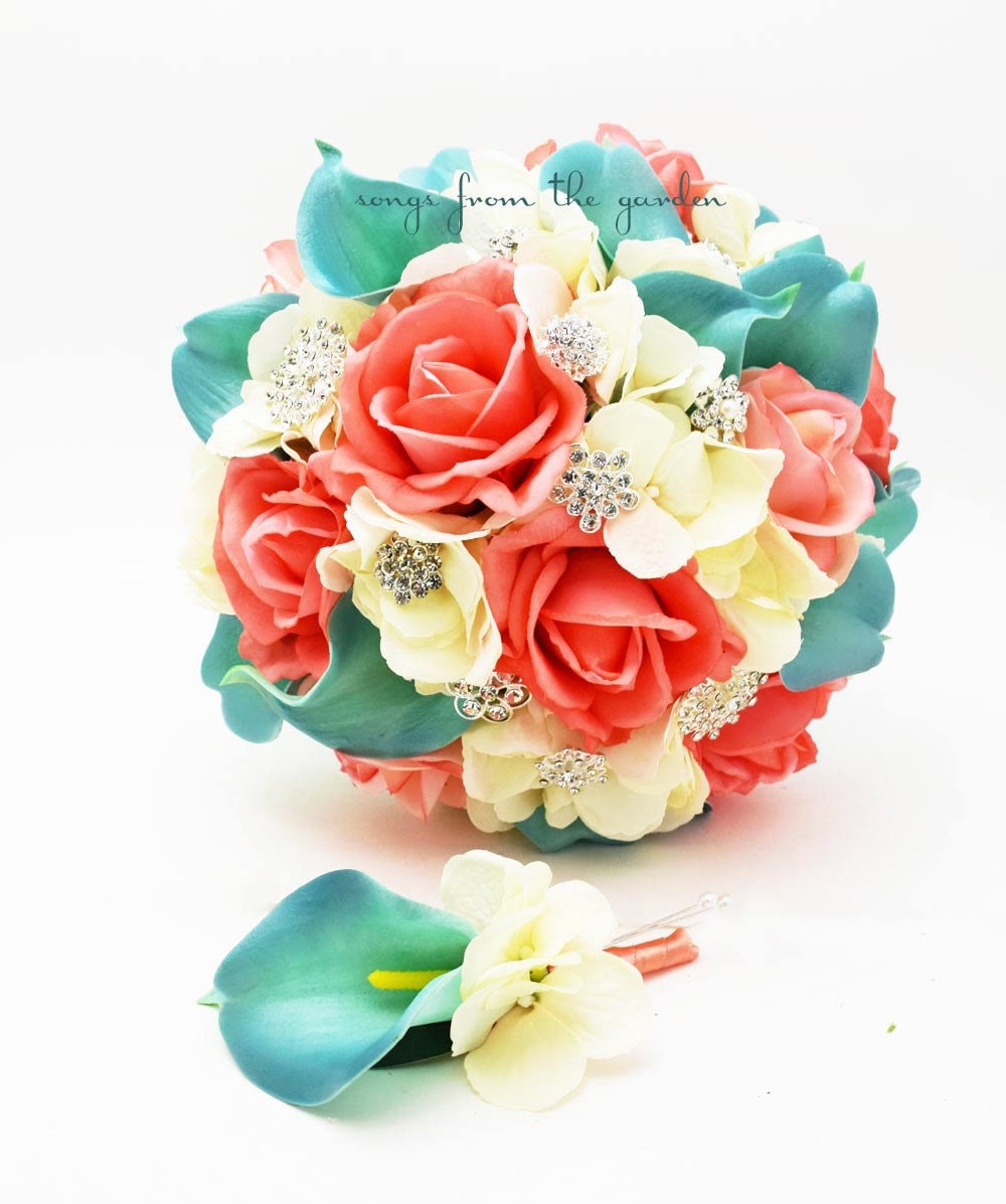 Coral Ivory Aqua Bridal Bouquet Rhinestone Brooches Wedding Bouquet - add a Groom Boutonniere  - Coral Ivory Aqua Blue